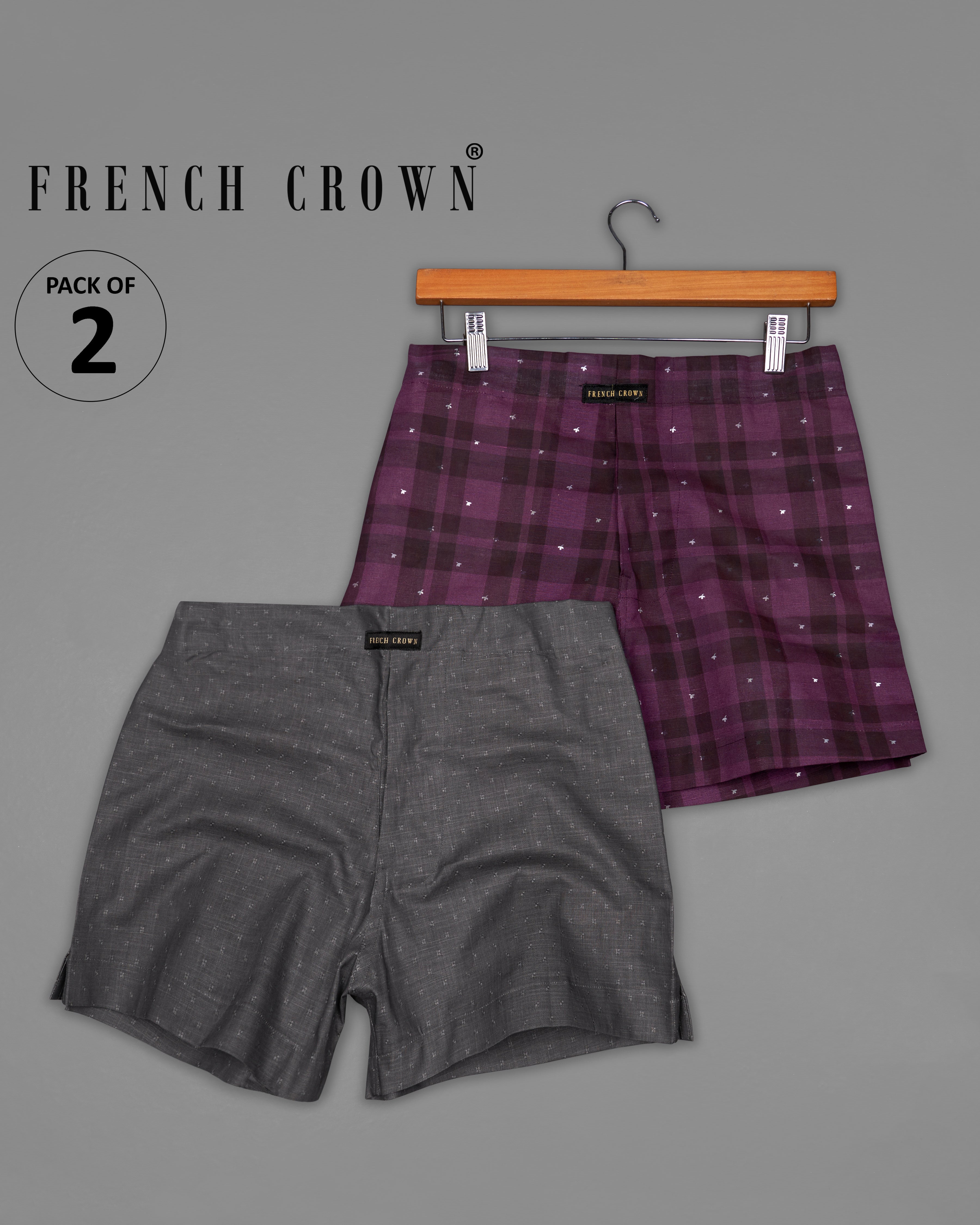 Thunder Maroon with Cosmic Pink Plaid and Gravel Gray Luxurious Linen Boxers