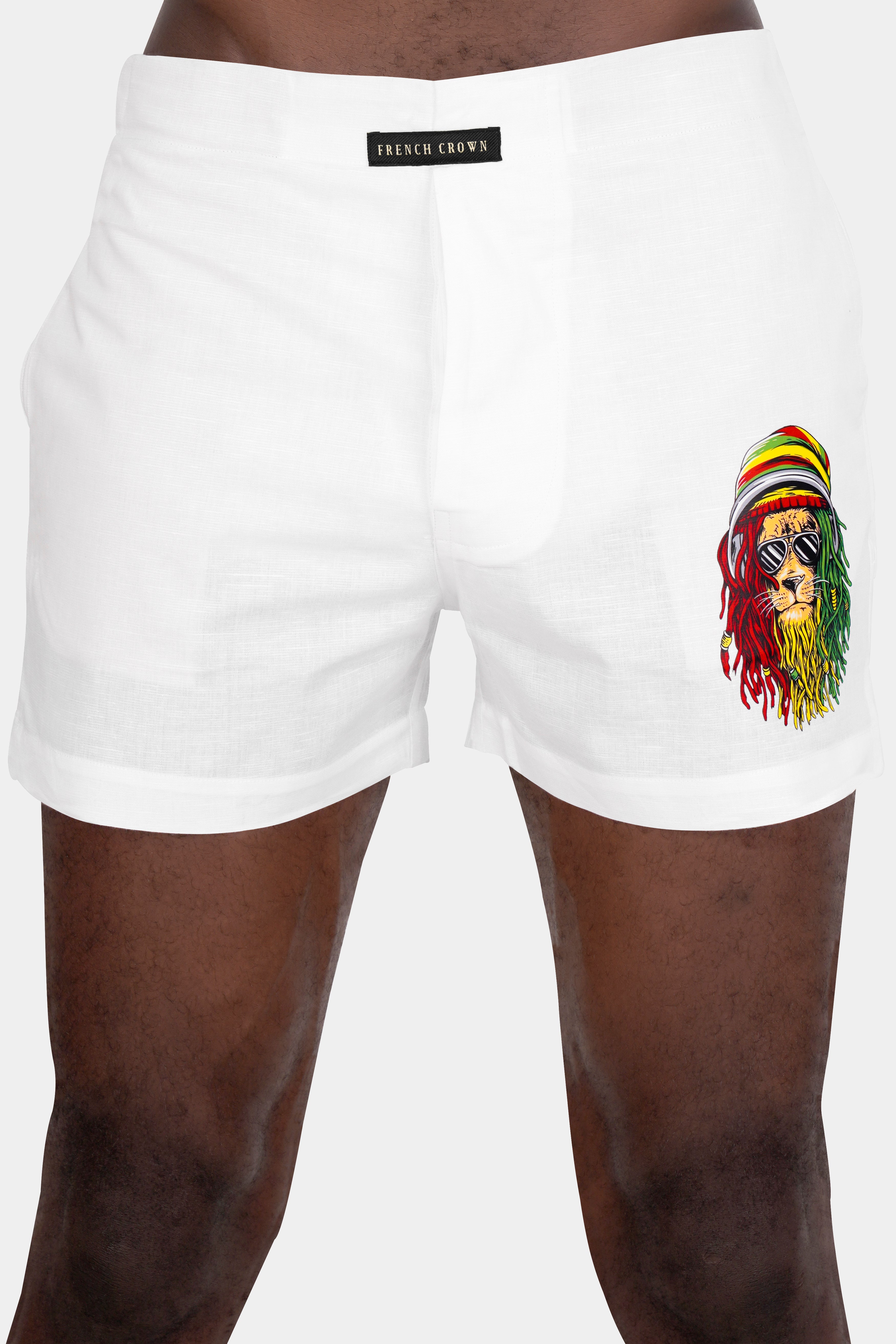 Bright White Funky Lion Printed Luxurious Linen Boxers BX471-RPRT104-28, BX471-RPRT104-30, BX471-RPRT104-32, BX471-RPRT104-34, BX471-RPRT104-36, BX471-RPRT104-38, BX471-RPRT104-40, BX471-RPRT104-42, BX471-RPRT104-44