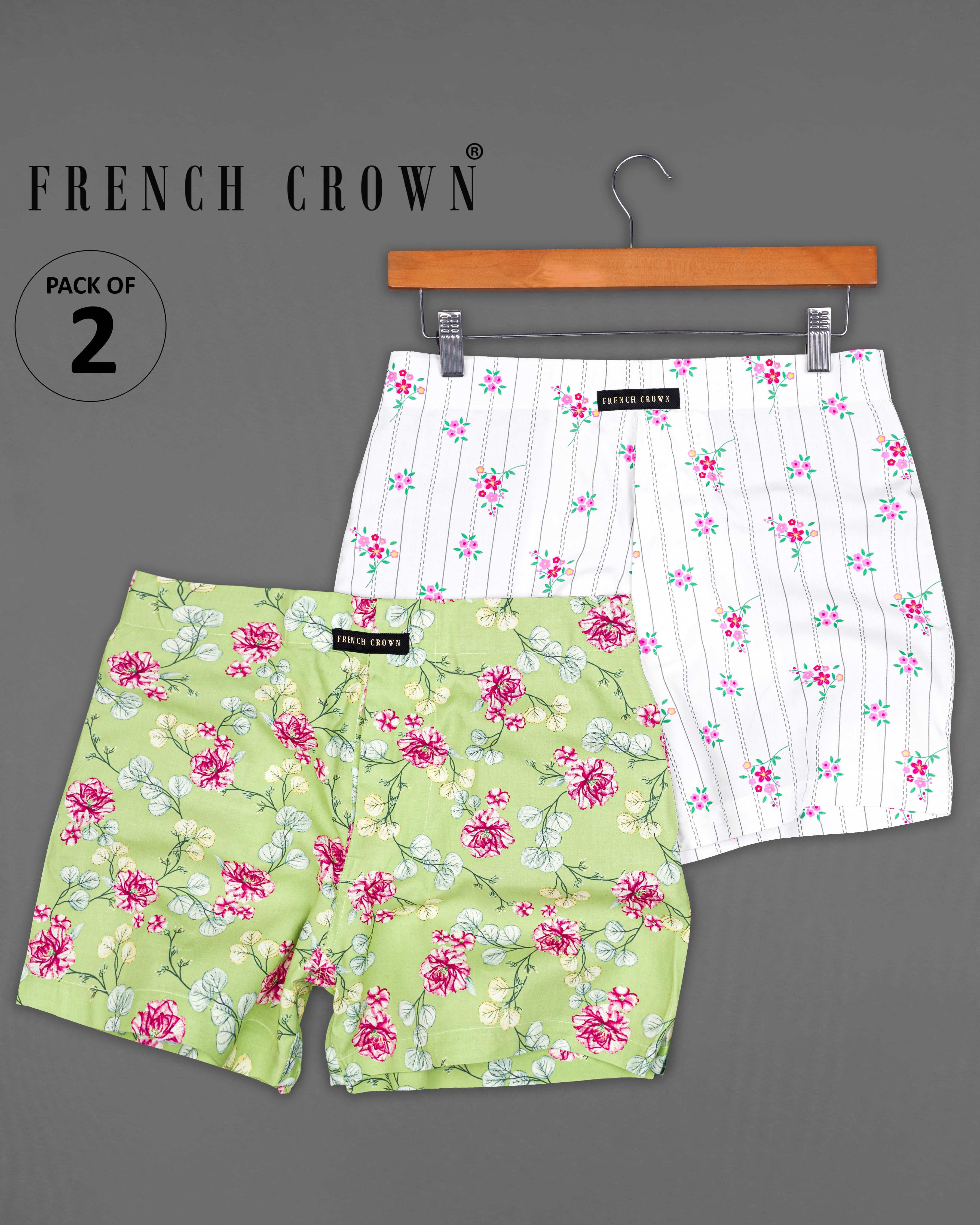 Bright white Striped and Spring Bud Floral Printed Premium Cotton Boxers