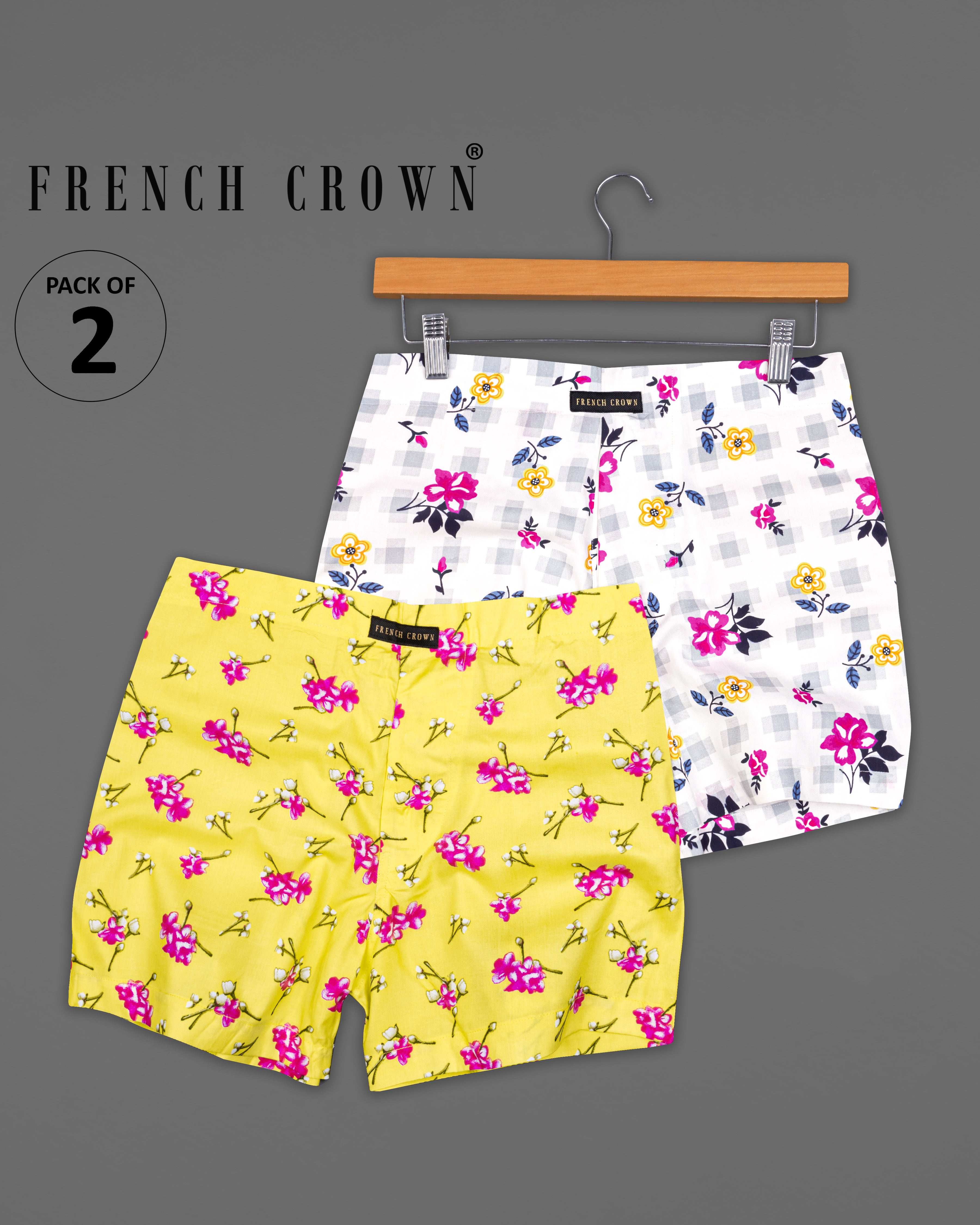 Bright White Floral Printed with Desert Storm Yellow Floral Printed Premium Cotton Boxers