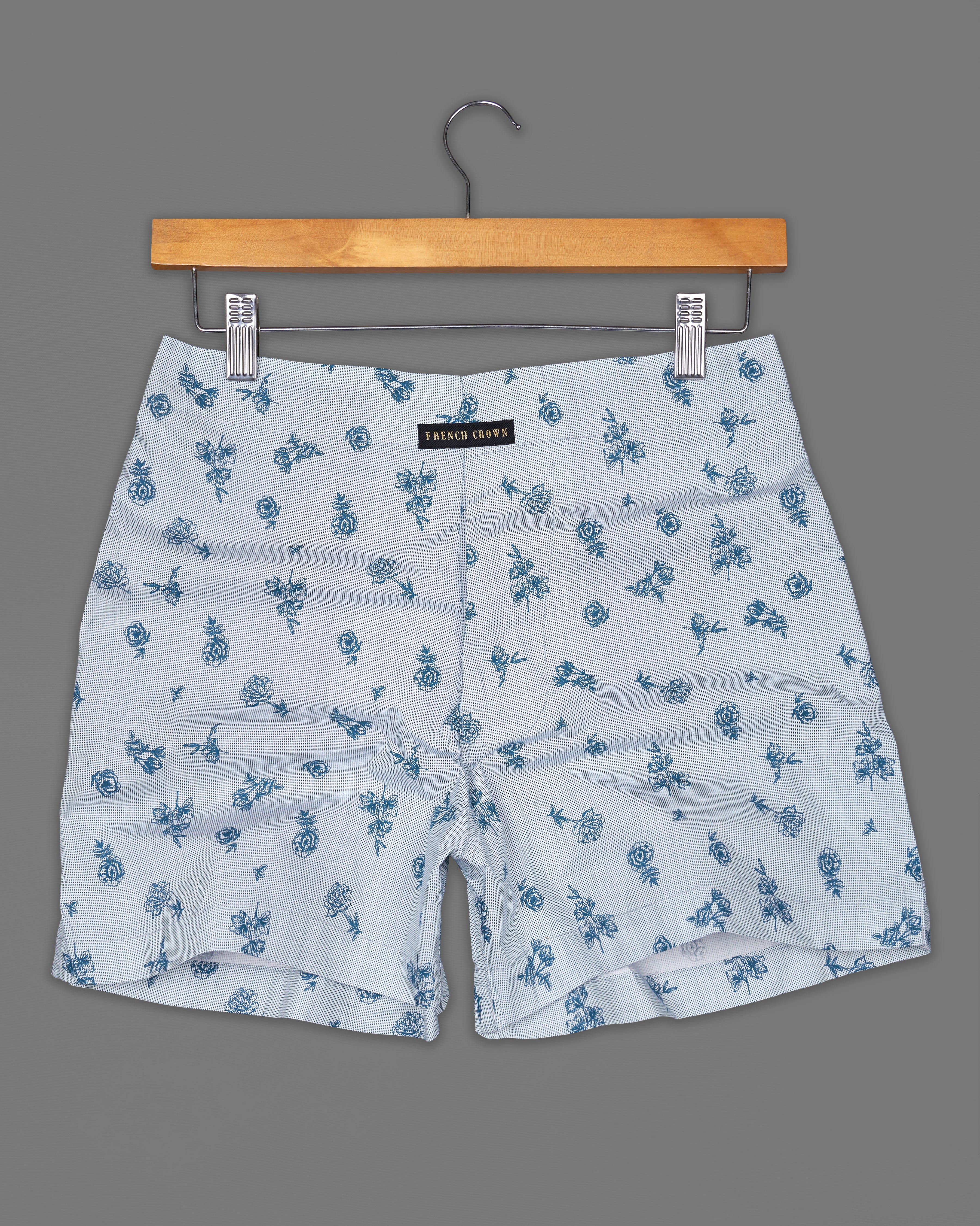 Spring Rain Gray Dobby textured And Bright White with Denim Blue Rose Printed Premium Cotton Boxers BX504-BX429-28, BX504-BX429-30, BX504-BX429-32, BX504-BX429-34, BX504-BX429-36, BX504-BX429-38, BX504-BX429-40, BX504-BX429-42, BX504-BX429-44