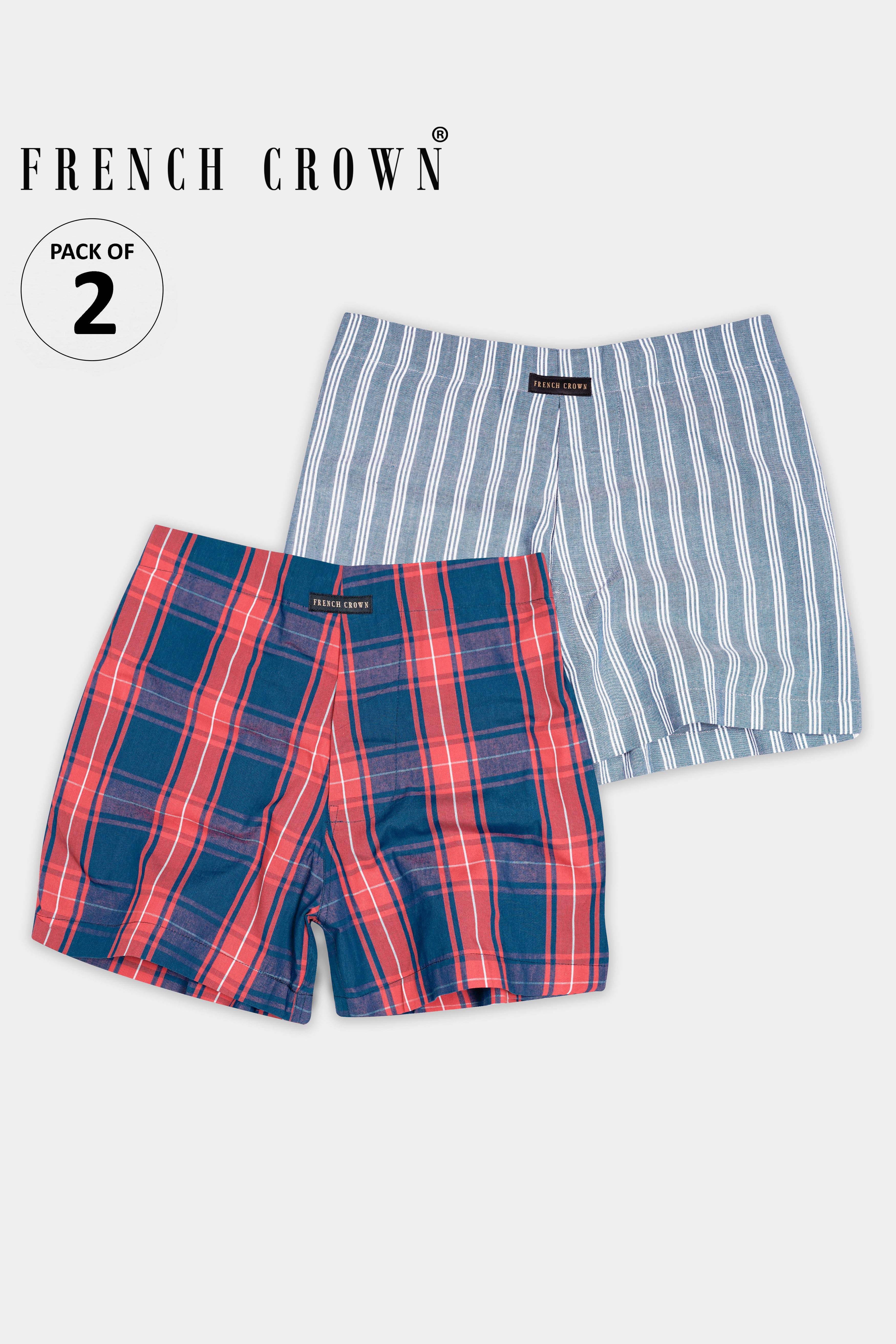 Cadet Blue With White Striped Royal Oxford and Chathams Blue with Airbnb Red Checkered Premium Cotton Boxers