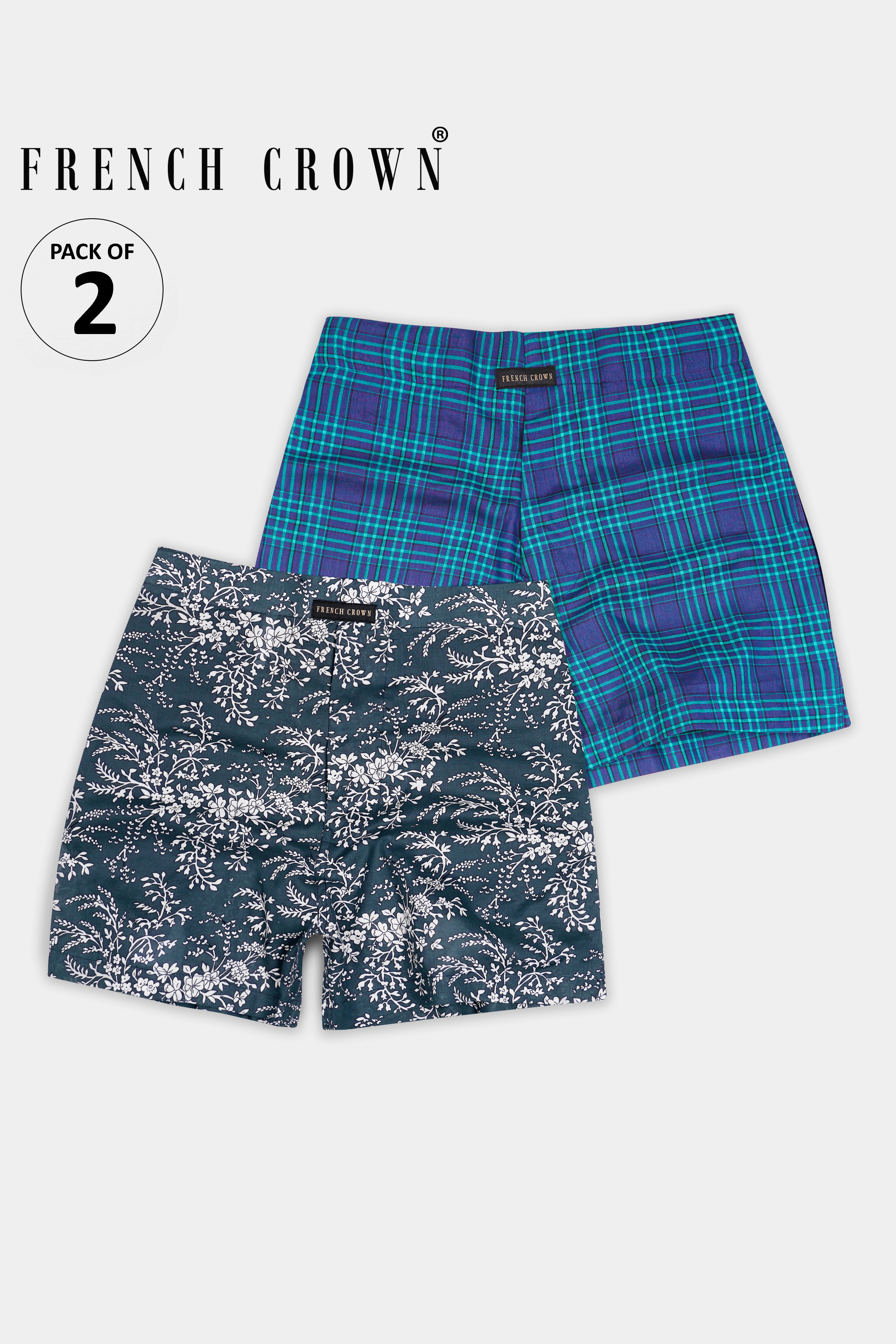 Meteorite Blue with Surfie Green Plaid and Limed Spruce Blue Ditsy Printed Premium Cotton Boxers