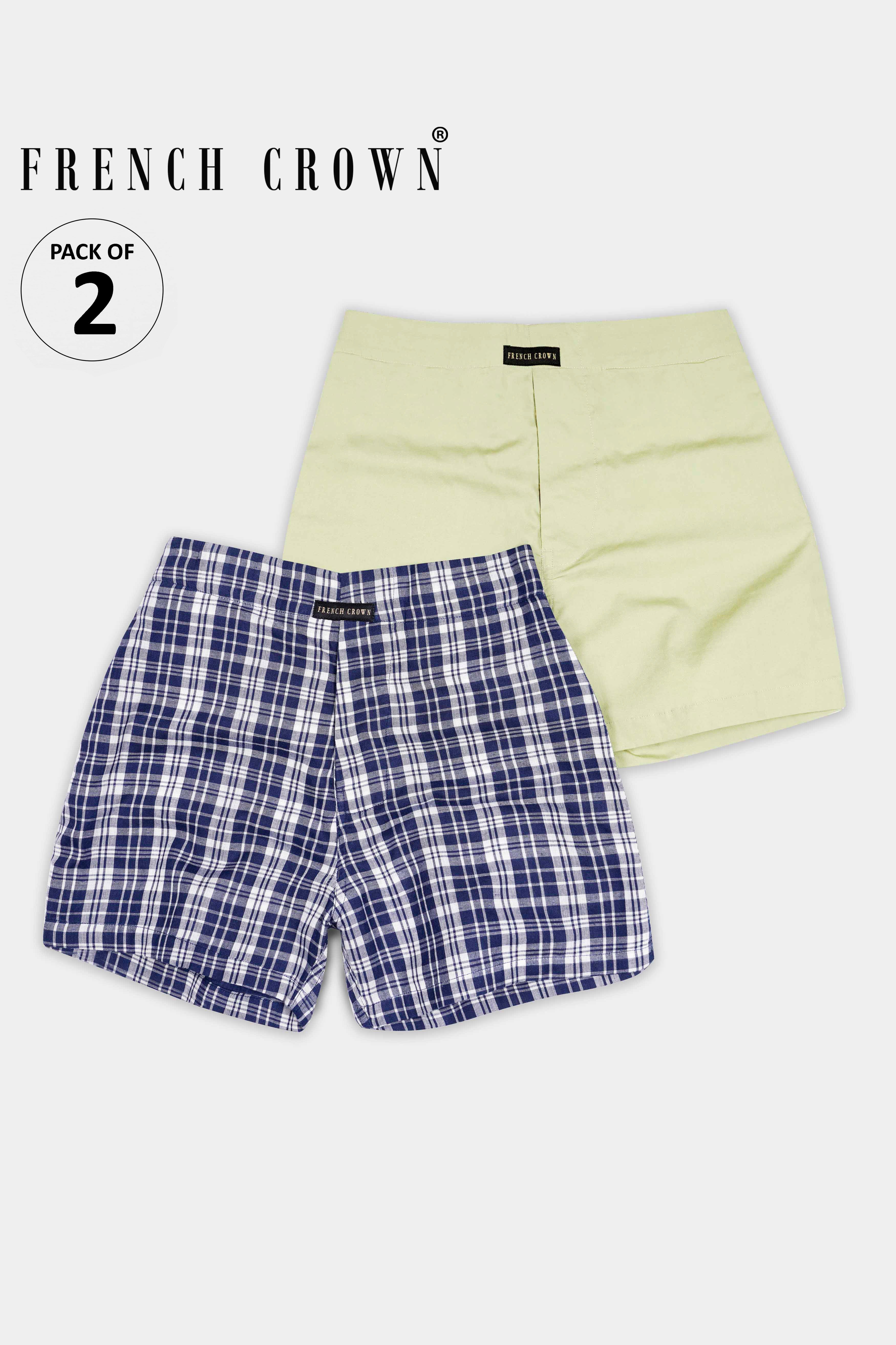 Sisal Green Solid Premium Cotton and Bright White With Mirage Blue Checkered Premium Cotton Boxers