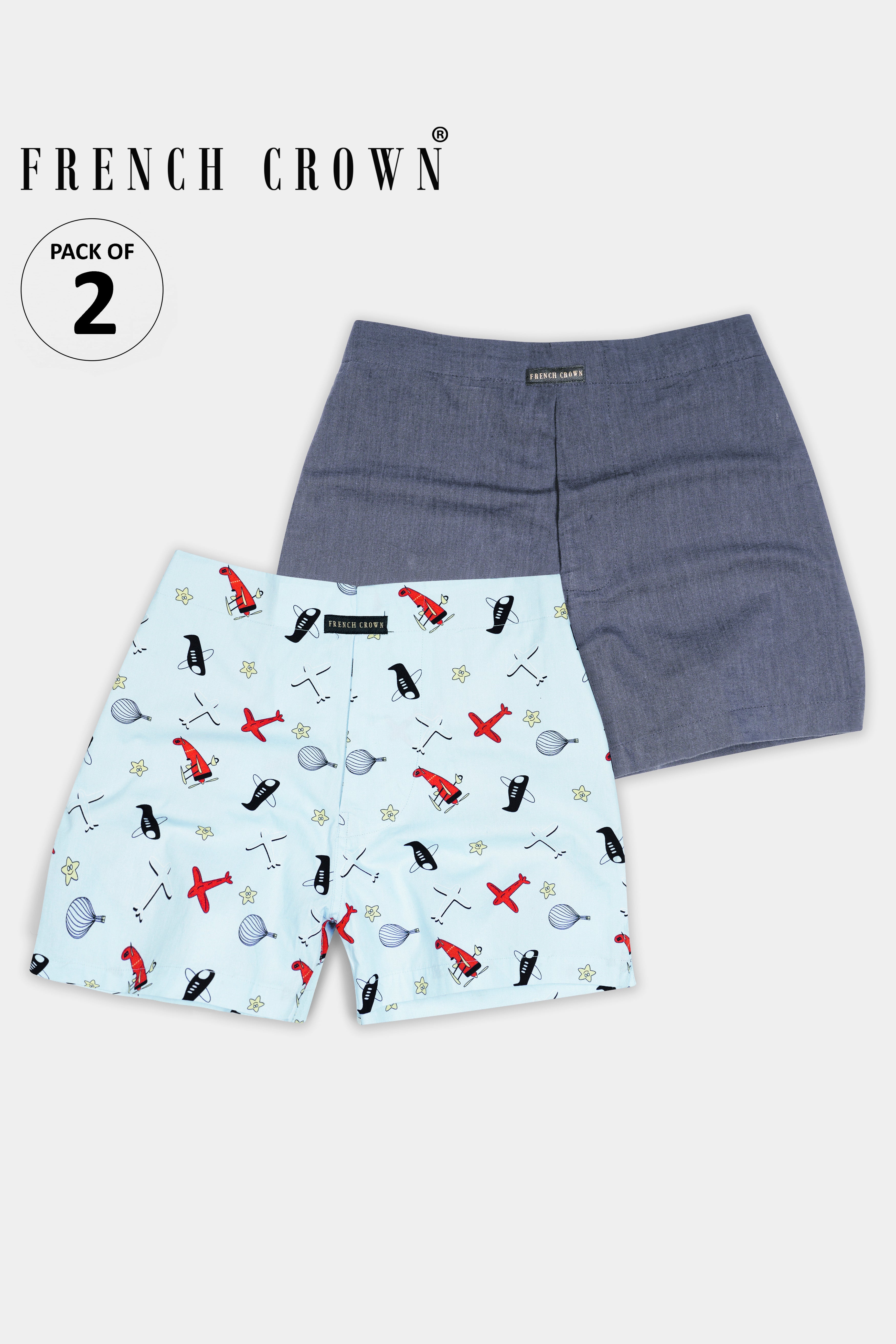 River Bed Gray Denim and Geyser Blue With Mandy Red Airplane Printed Premium Cotton Boxers