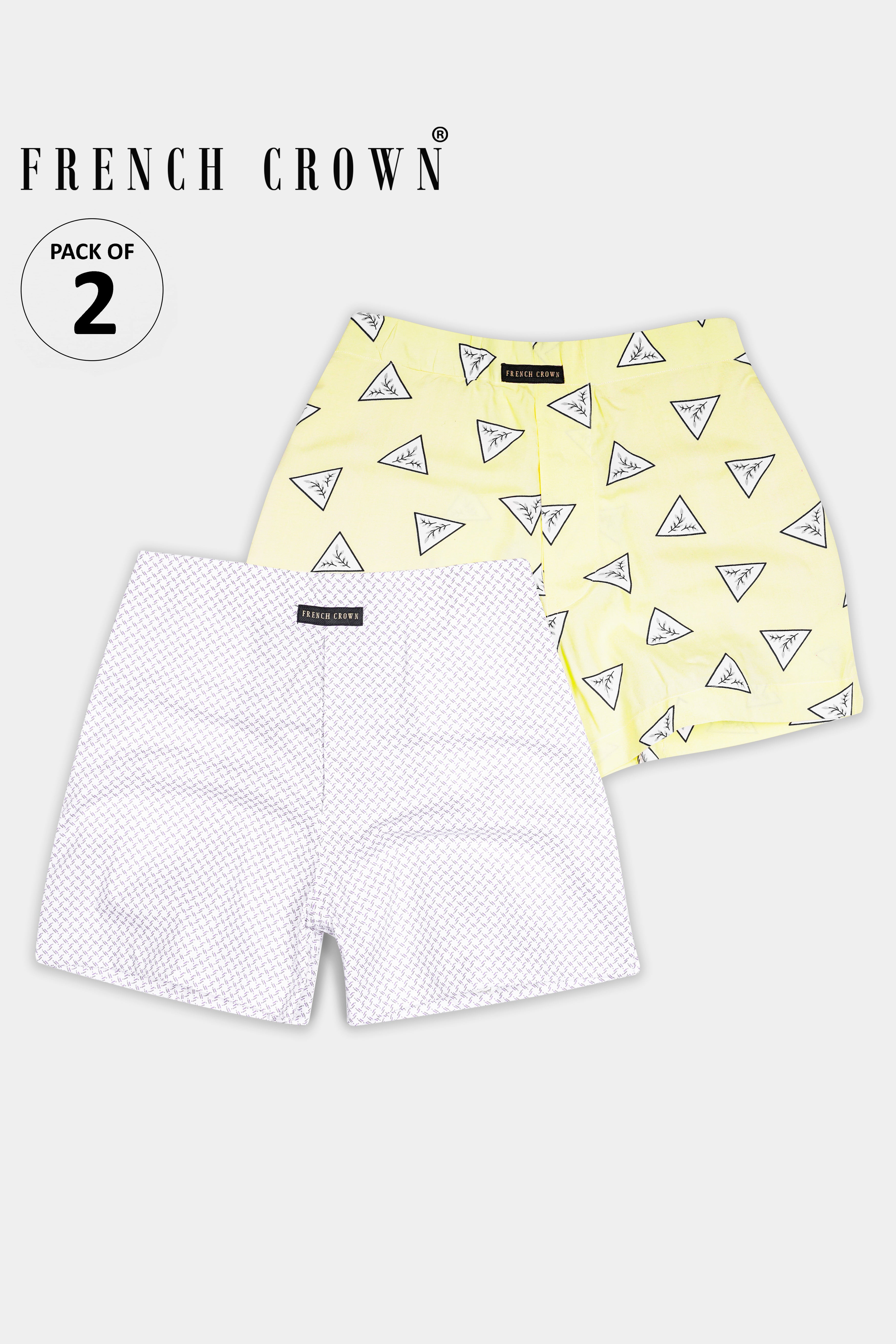 Astra Yellow Triangle Printed and Bright White With Comet Brown Printed Premium Cotton Boxers