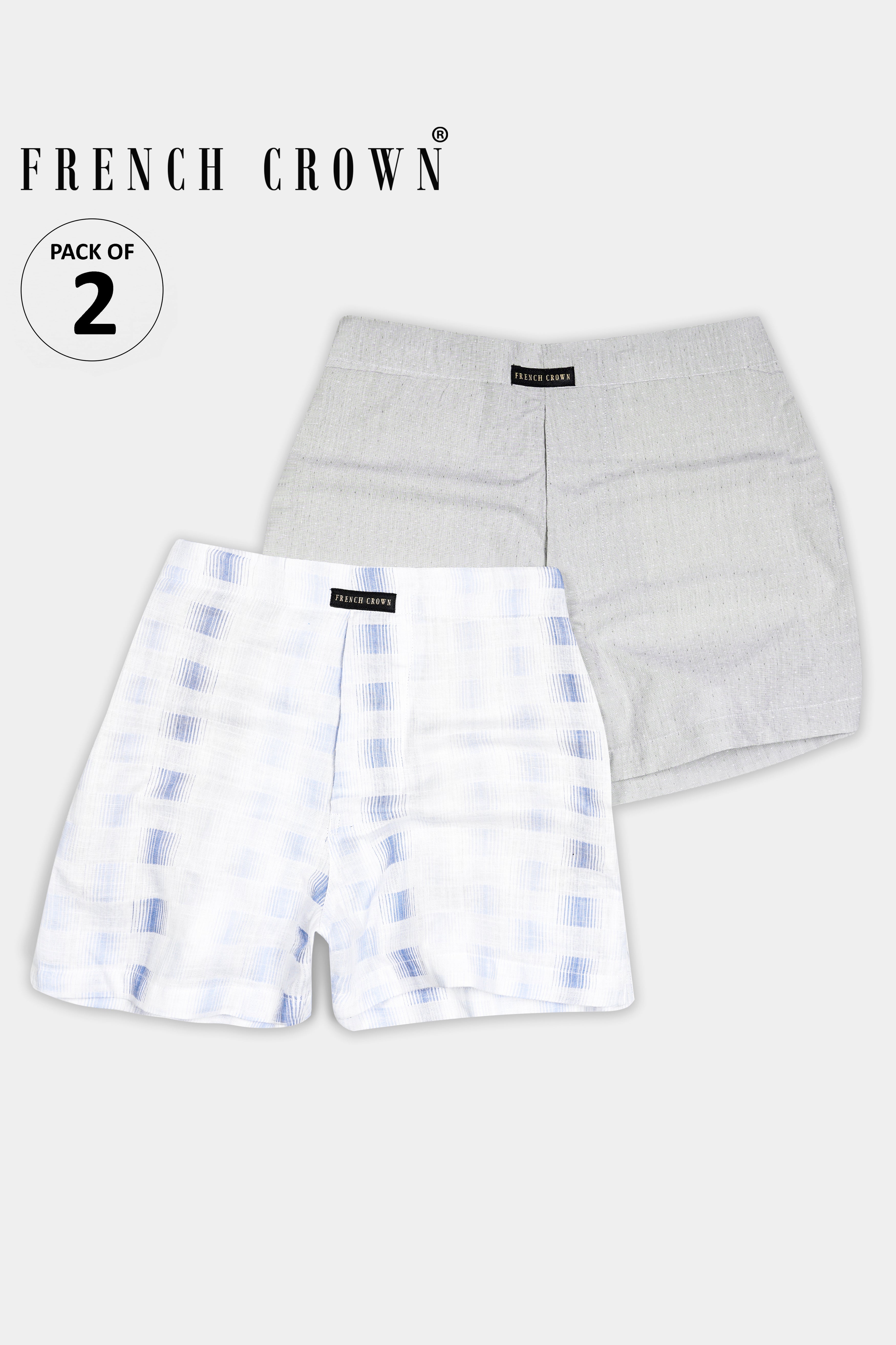 Ghost Gray and Bright White with Tealish Blue Dobby Textured Premium Giza Cotton Boxers