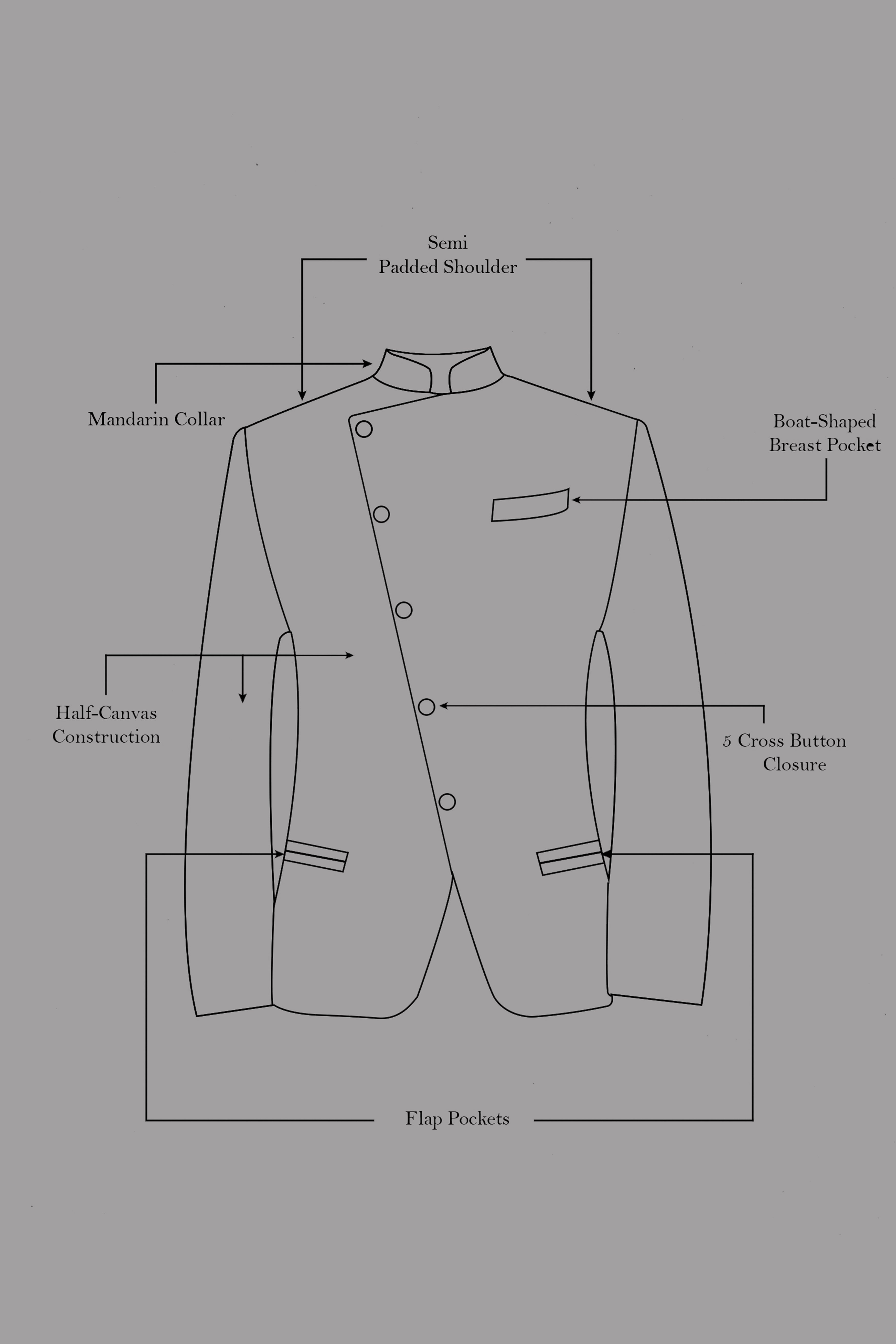 Martini Gray Cross Placket Bandhgala Premium Cotton Stretchable traveler Blazer