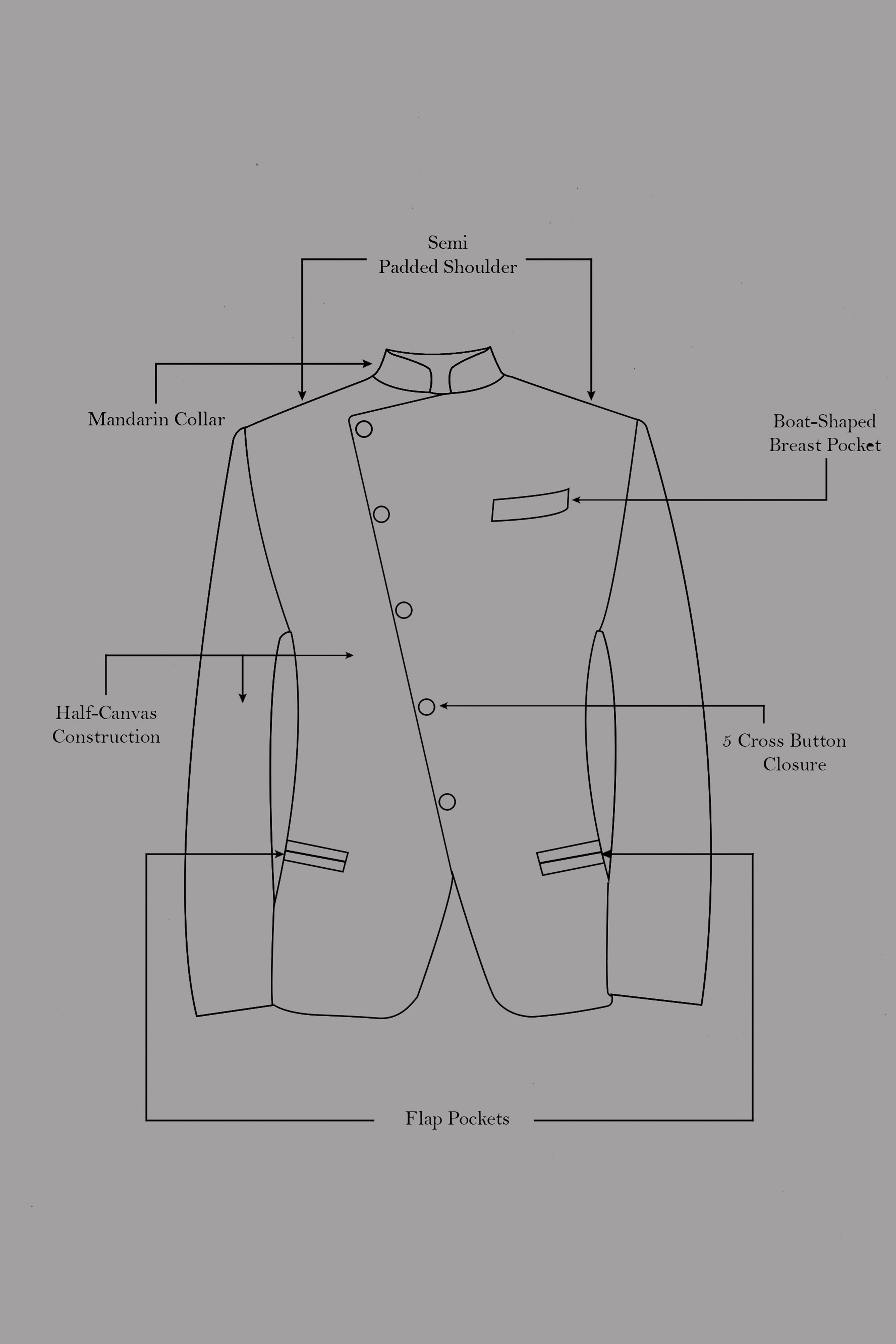 Noir-Jade Black Pencil Striped Wool Rich Slight Stretch Cross Placket Bandhgala Blazer