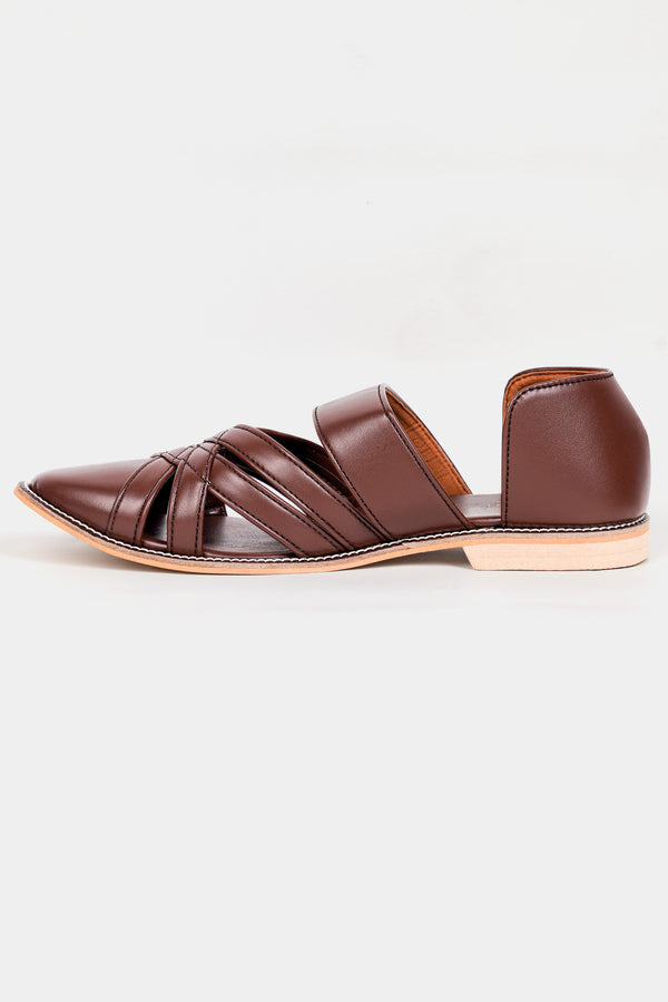 Brown Criss Cross Vegan Leather Hand Stitched Pathanis Sandal