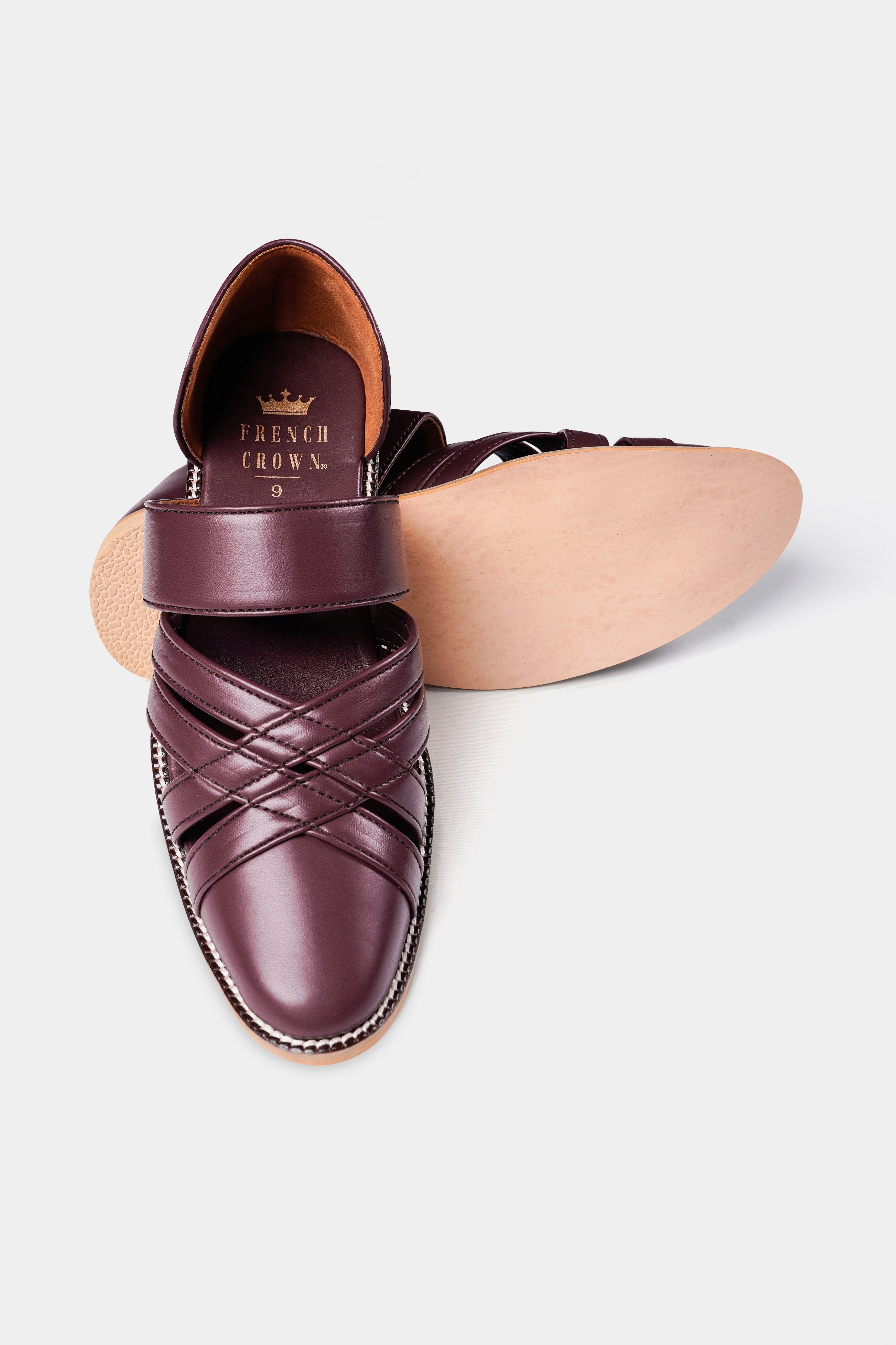 Wine Classic Criss Cross Vegan Leather Hand Stitched Pathanis Sandal FT128-6, FT128-7, FT128-8, FT128-9, FT128-10, FT128-11