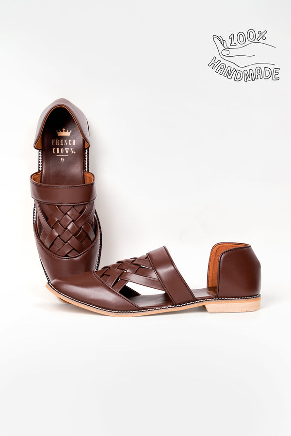 Brown Classic Criss Cross Strapped Vegan Leather Hand Stitched Pathanis Sandal