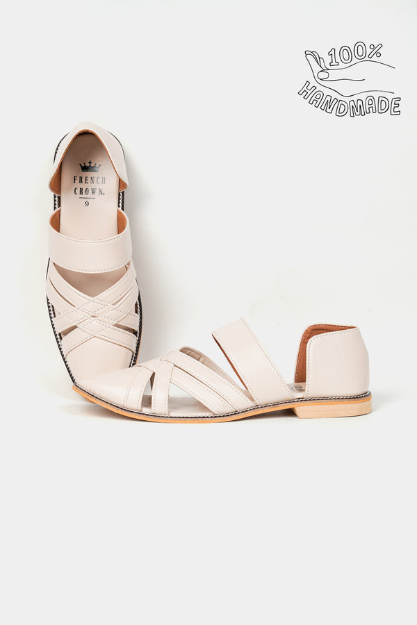 Beige Classic Criss Cross Vegan Leather Hand Stitched Pathanis Sandal