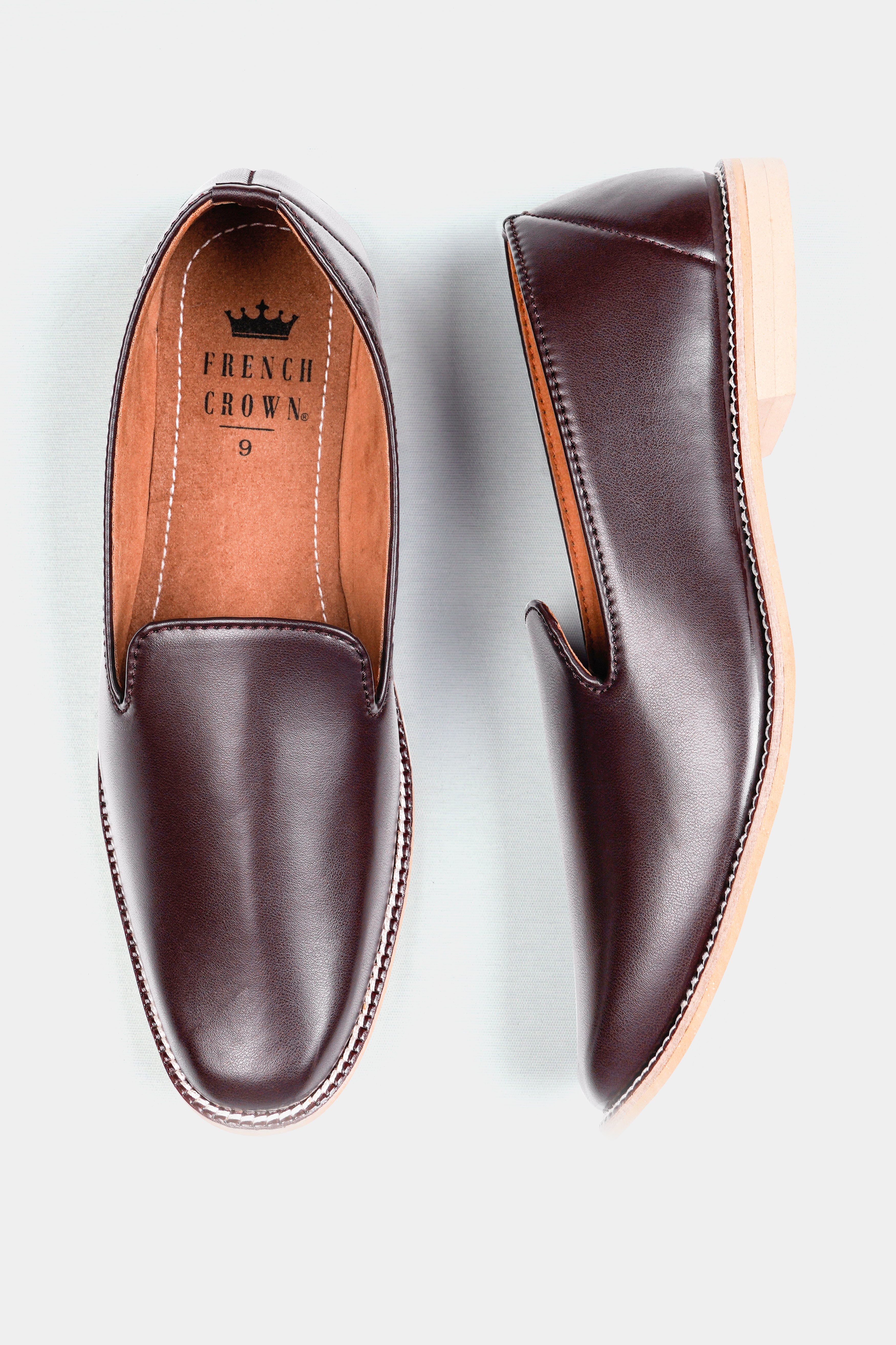 Dark Brown Vegan Leather Hand Stitched Mojri Slip-On Shoes FT146-6, FT146-7, FT146-8, FT146-9, FT146-10, FT146-11