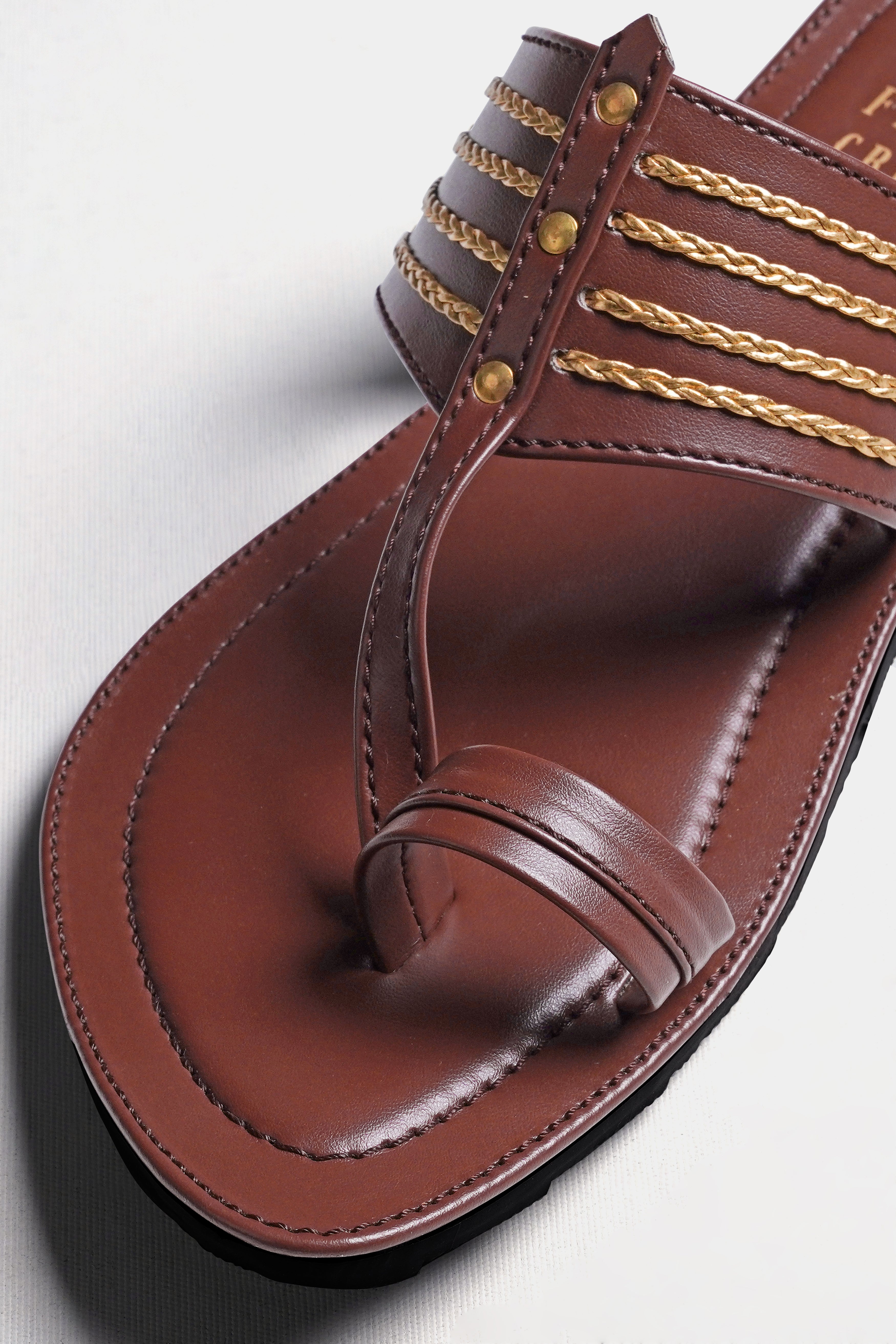 Brown with Golden Stitched Vegan Leather Kolhapuri Sandal FT153-6, FT153-7, FT153-8, FT153-9, FT153-10, FT153-11