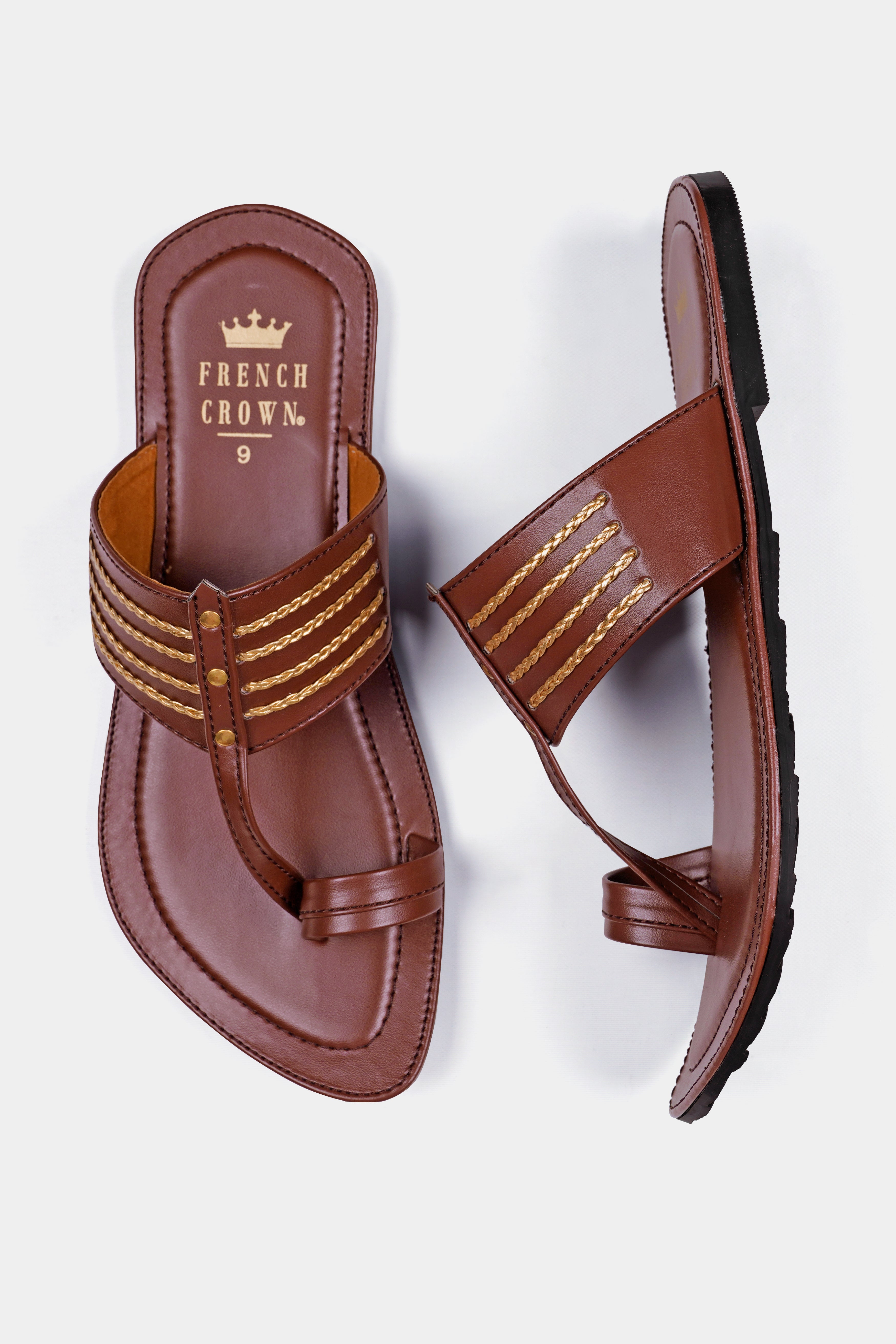 Brown with Golden Stitched Vegan Leather Kolhapuri Sandal FT153-6, FT153-7, FT153-8, FT153-9, FT153-10, FT153-11