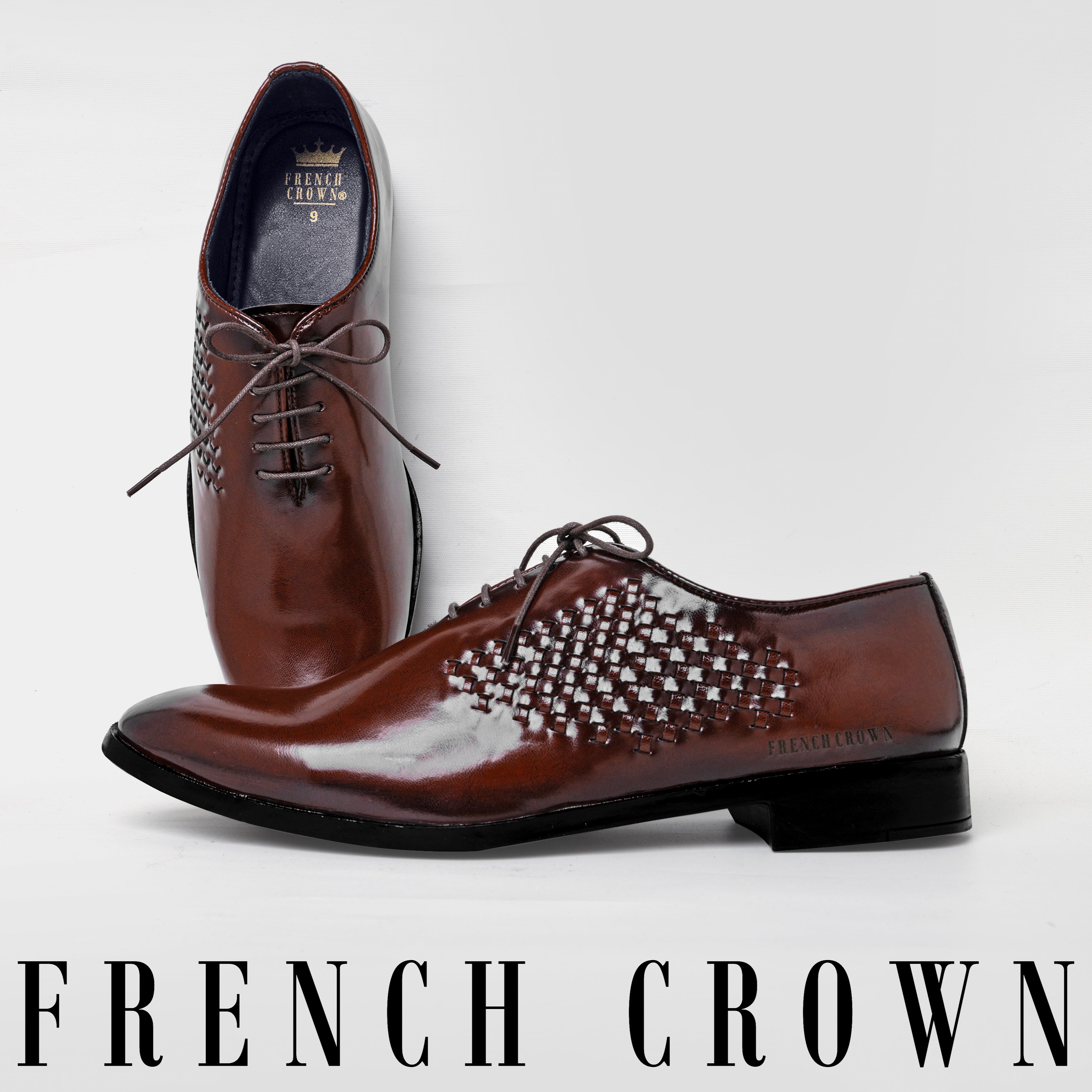 Brown Embossed Weave Vegan Leather Oxford Shoes