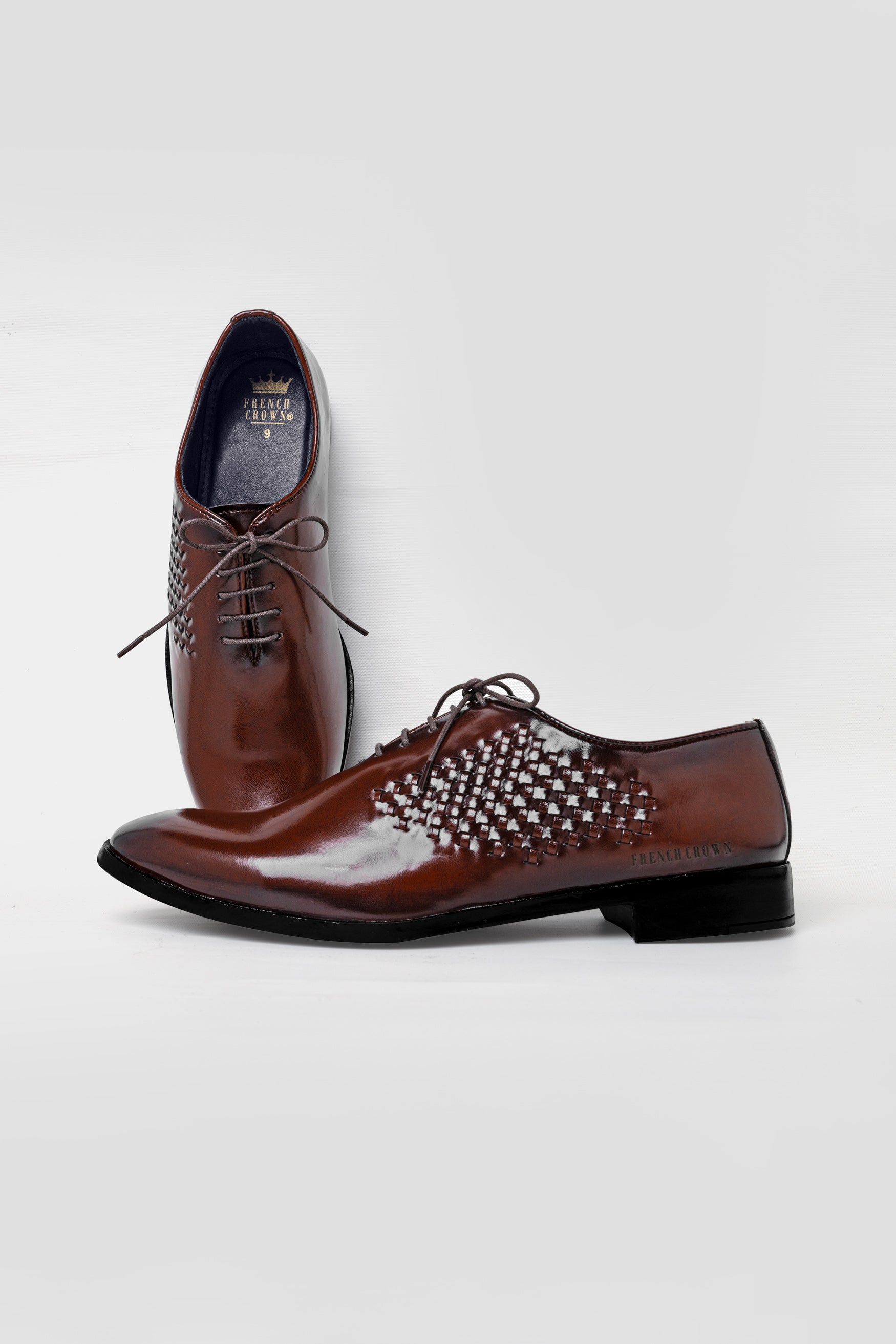 Brown Embossed Weave Vegan Leather Oxford Shoes