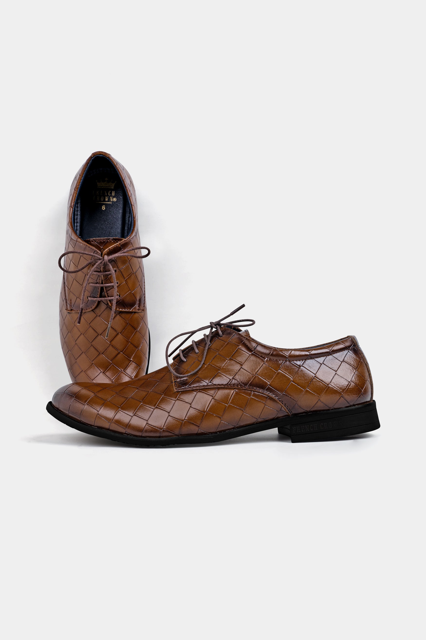 Walnut Brown Weave Textured Vegan Leather Derby Shoes
