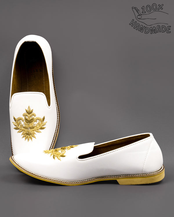 Bright White Golden Zardosi Vegan Leather Hand stitched Slip-On Shoes
