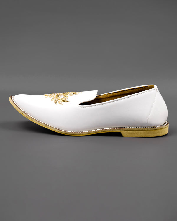 Bright White Golden Zardosi Vegan Leather Hand stitched Slip-On Shoes