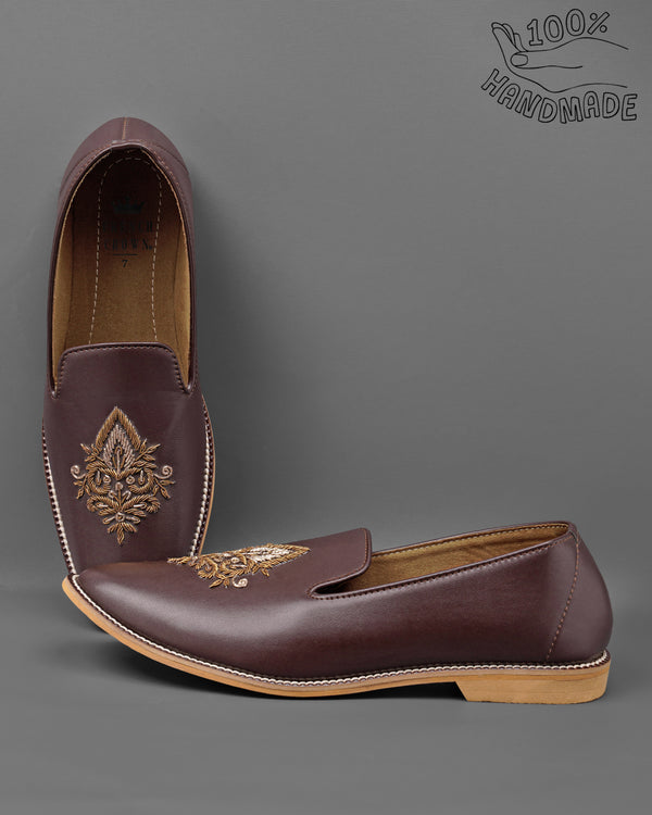 Dark Brown Golden Zardosi Vegan Leather Hand stitched Slip-On Shoes