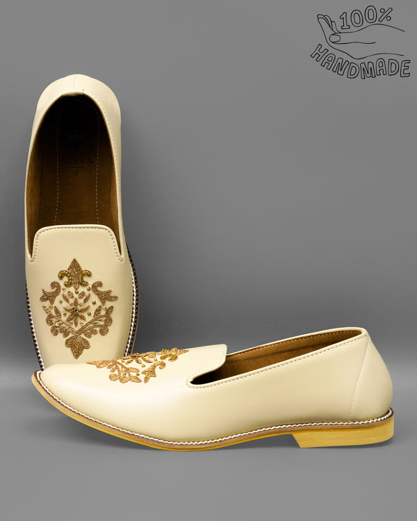 Cream Golden Zardosi Vegan Leather Hand stitched Slip-On Shoes