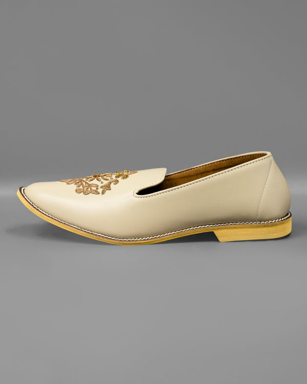 Cream Golden Zardosi Vegan Leather Hand stitched Slip-On Shoes