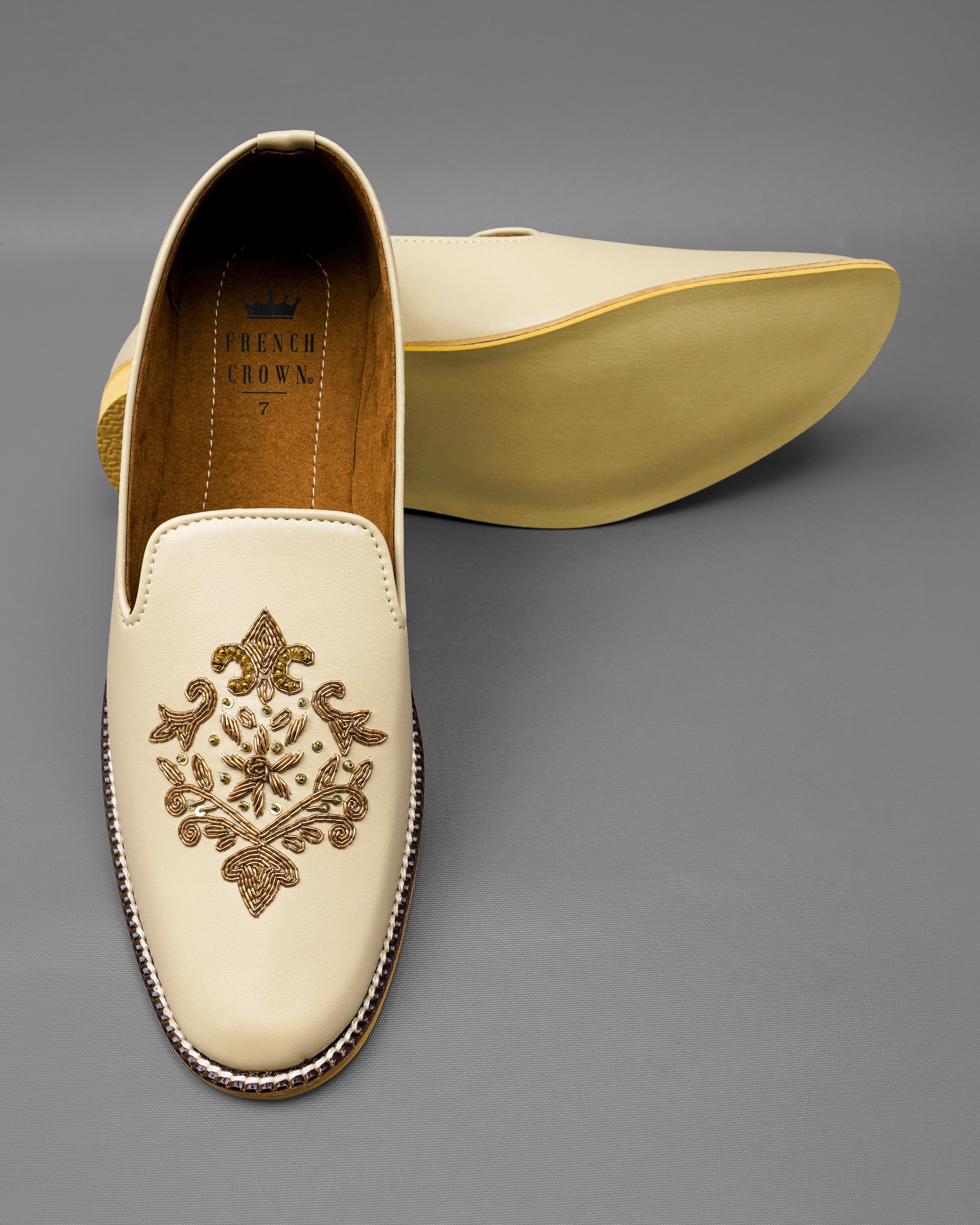 Cream Golden Zardosi Vegan Leather Slip-On Shoes FT092-6, FT092-7, FT092-8, FT092-9, FT092-10, FT092-11