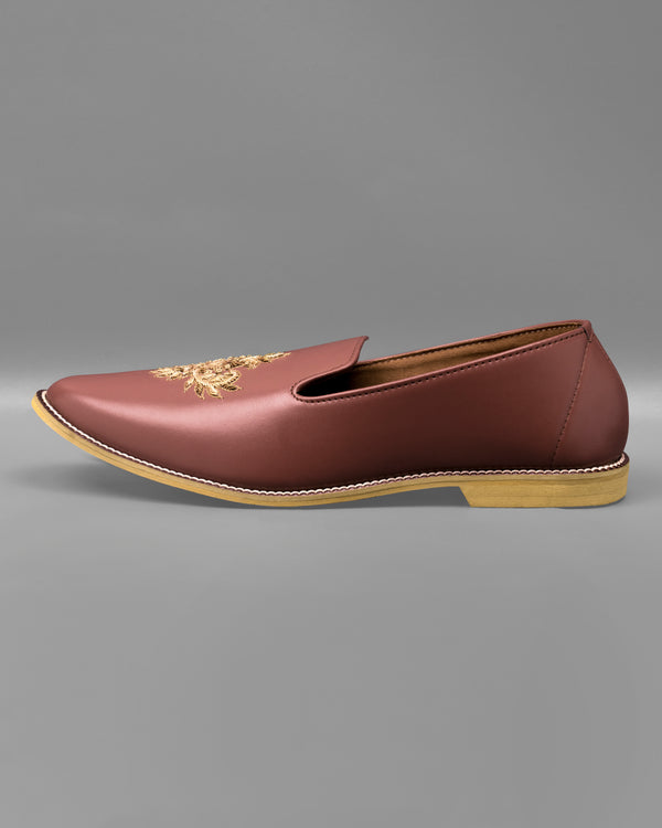 Dark Brown Golden Zardosi Vegan Leather Hand stitched Slip-On Shoes