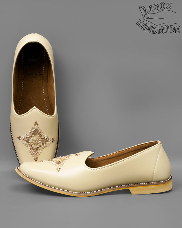 Cream Golden Zardosi Vegan Leather Hand stitched Jutis