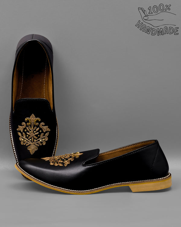 Jade Black Golden Zardosi Vegan Leather Hand stitched Slip-On Shoes