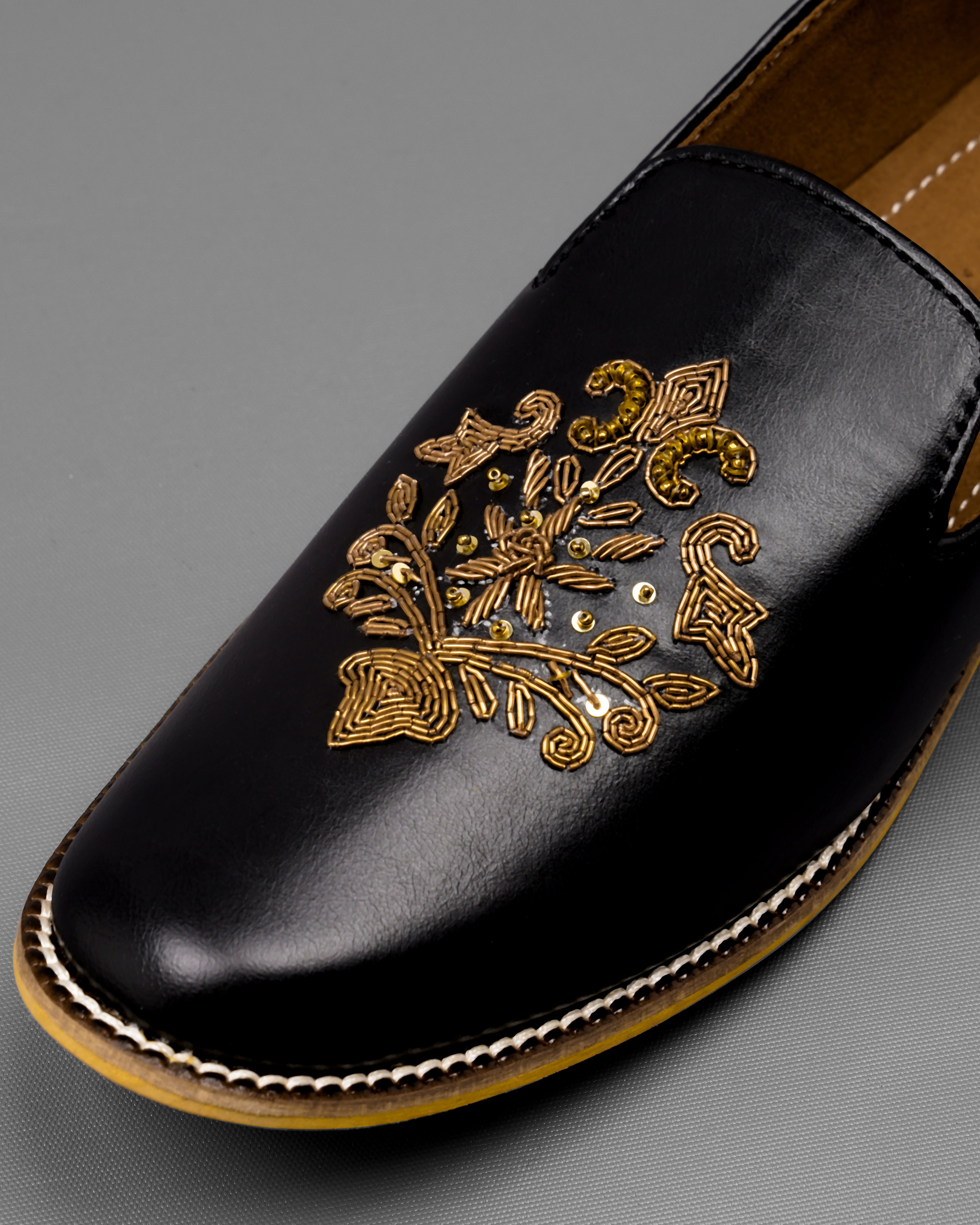 Jade Black Golden Zardosi Vegan Leather Hand stitched Slip-On Shoes FT103-6, FT103-7, FT103-8, FT103-9, FT103-10, FT103-11