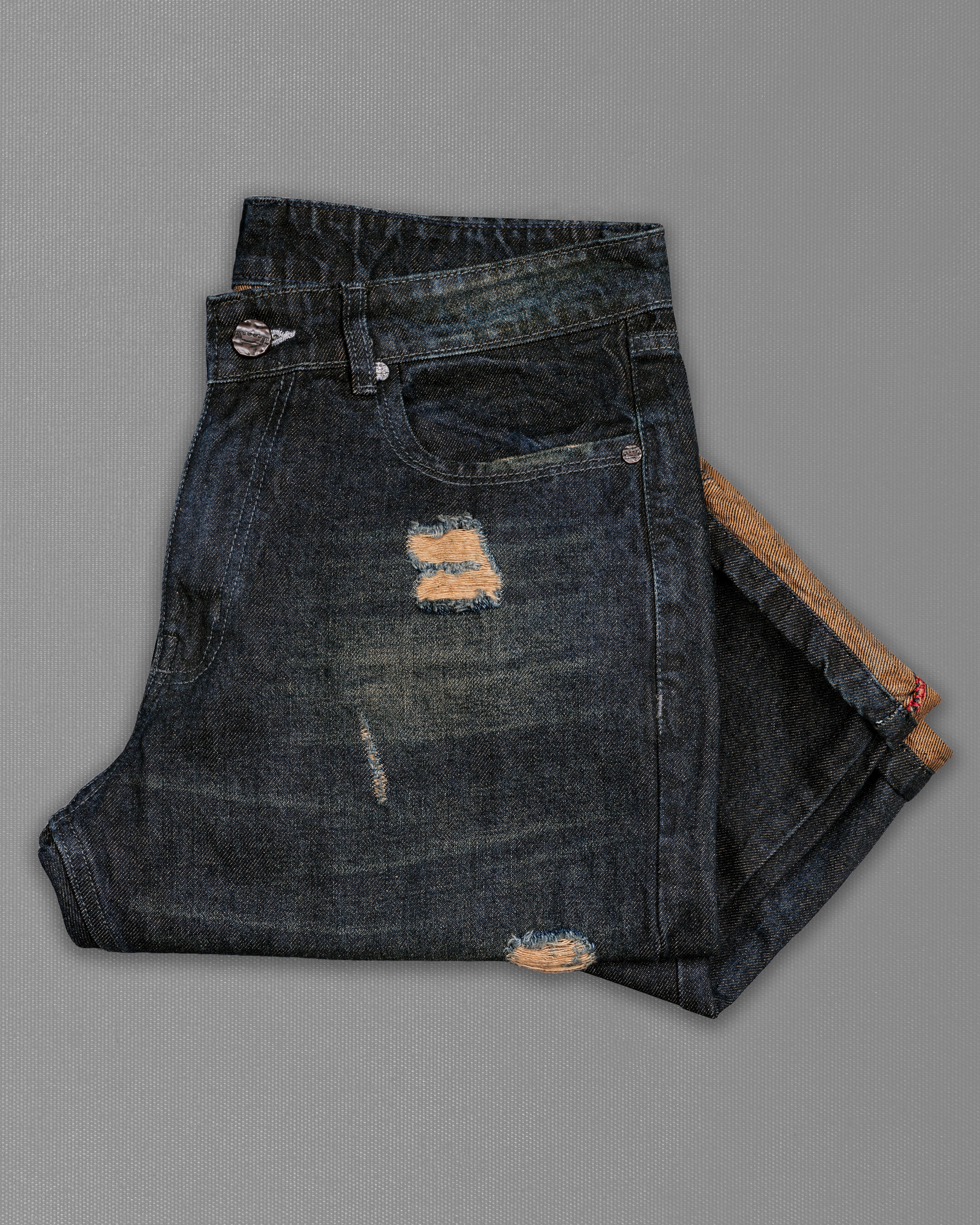 Mirage Black with Antique Brass Brown Mildly Distressed Hand Sanding Denim J207-30, J207-32, J207-34, J207-36, J207-38, J207-40 