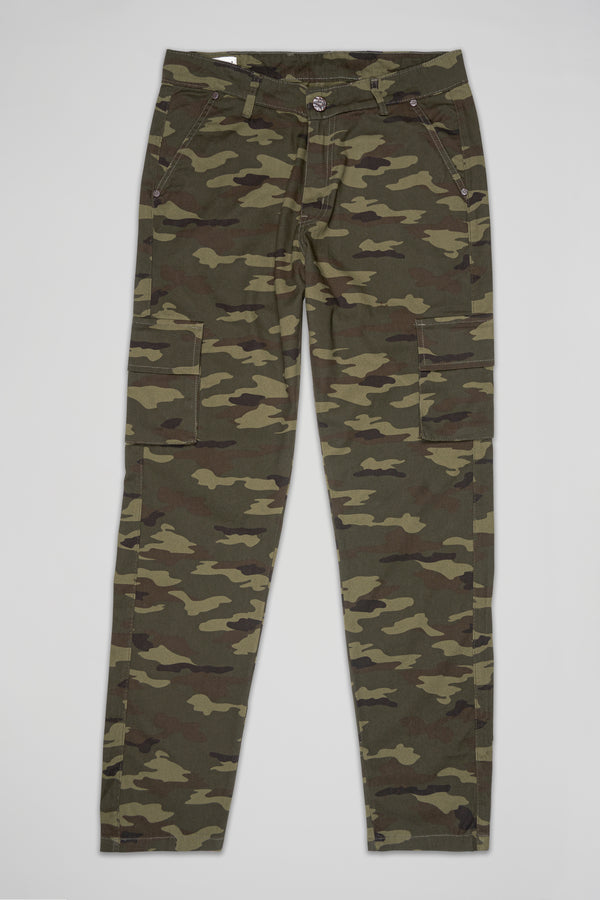 Gravel Green with Taupe Brown Camouflage Cargo Denim