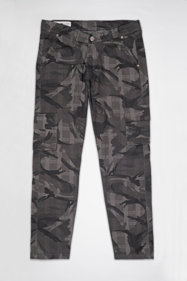 Ironside Gray with Thunder Black Checkered with Camouflage Printed  Cargo Denim