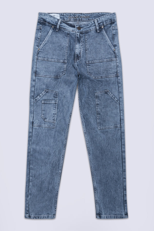Gothic Blue Acid Wash Stretchable Cargo Denim
