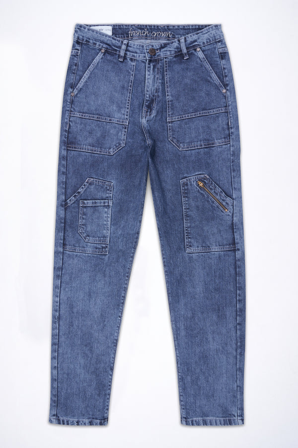 River Bed Blue Acid Wash Cargo Denim