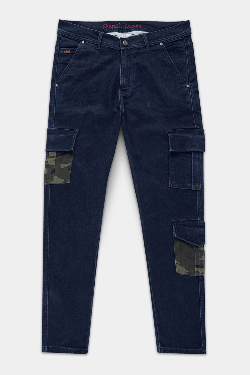 SPACE BLUE DESIGNER CAMOUFLAGE CARGO POCKETS STRETCHABLE DENIM