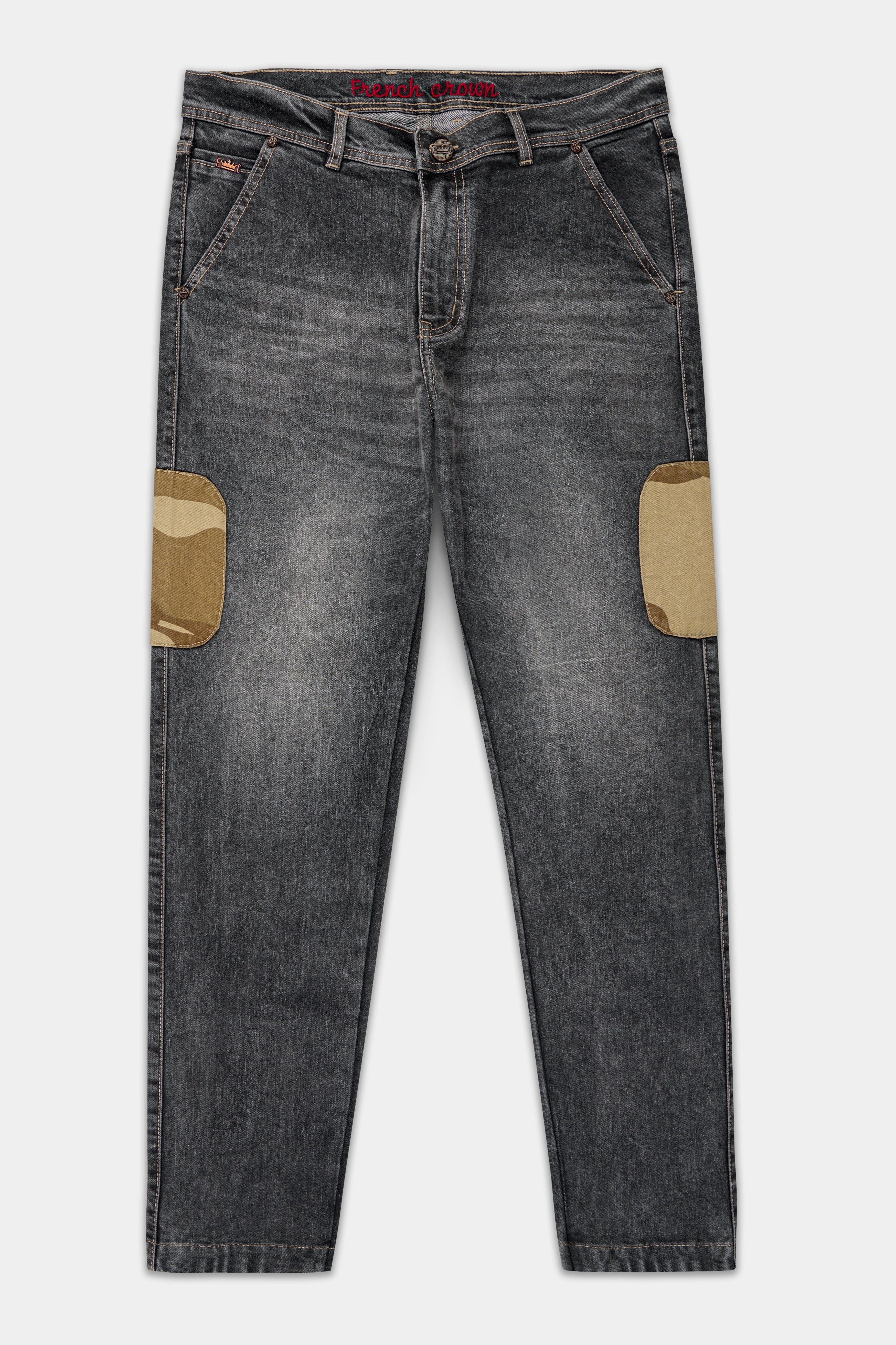 Gravel Gray with Designer Patch Work Whiskering Stretchable Denim