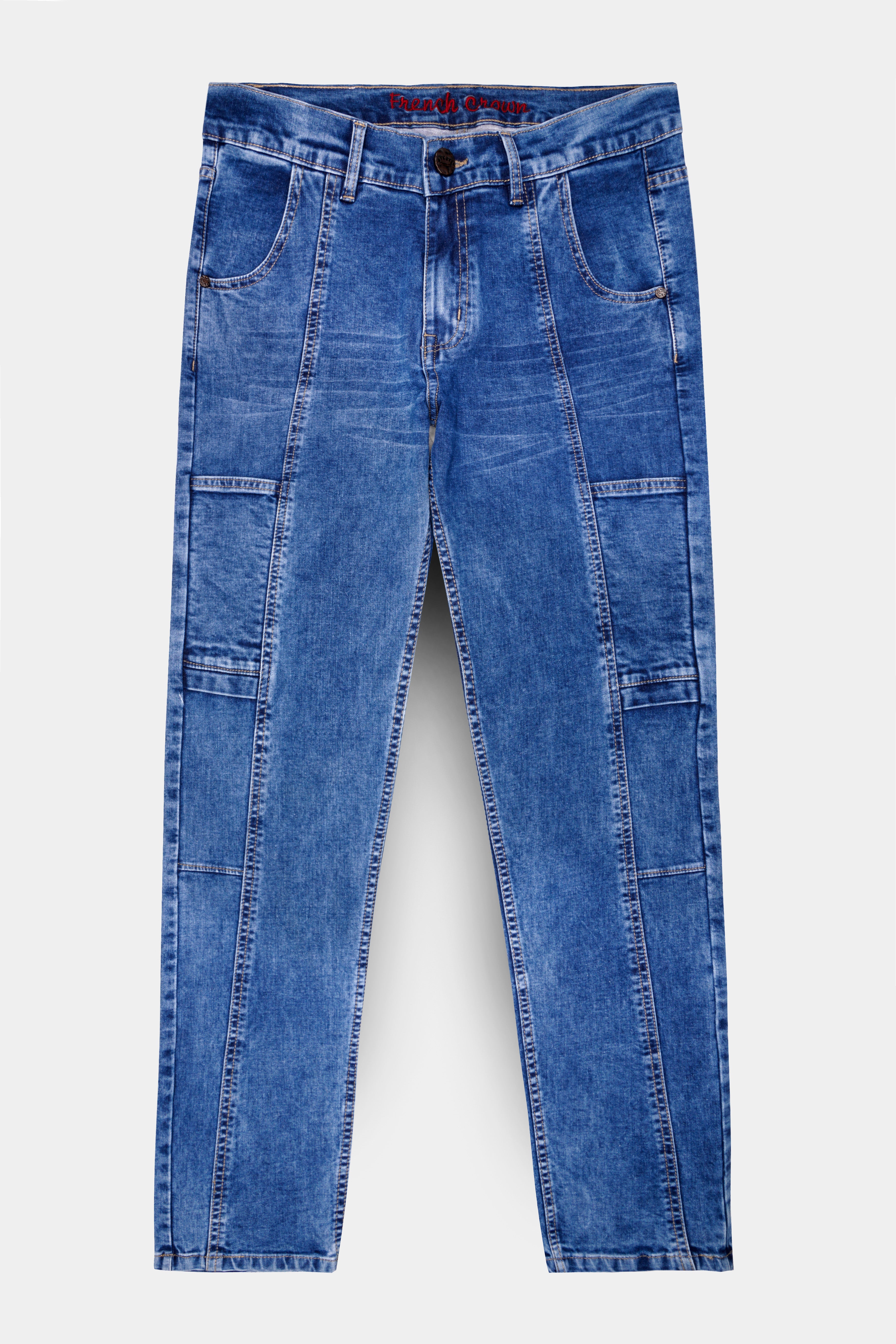 Brandeis Blue Whiskering Washed Stretchable Cargo Denim