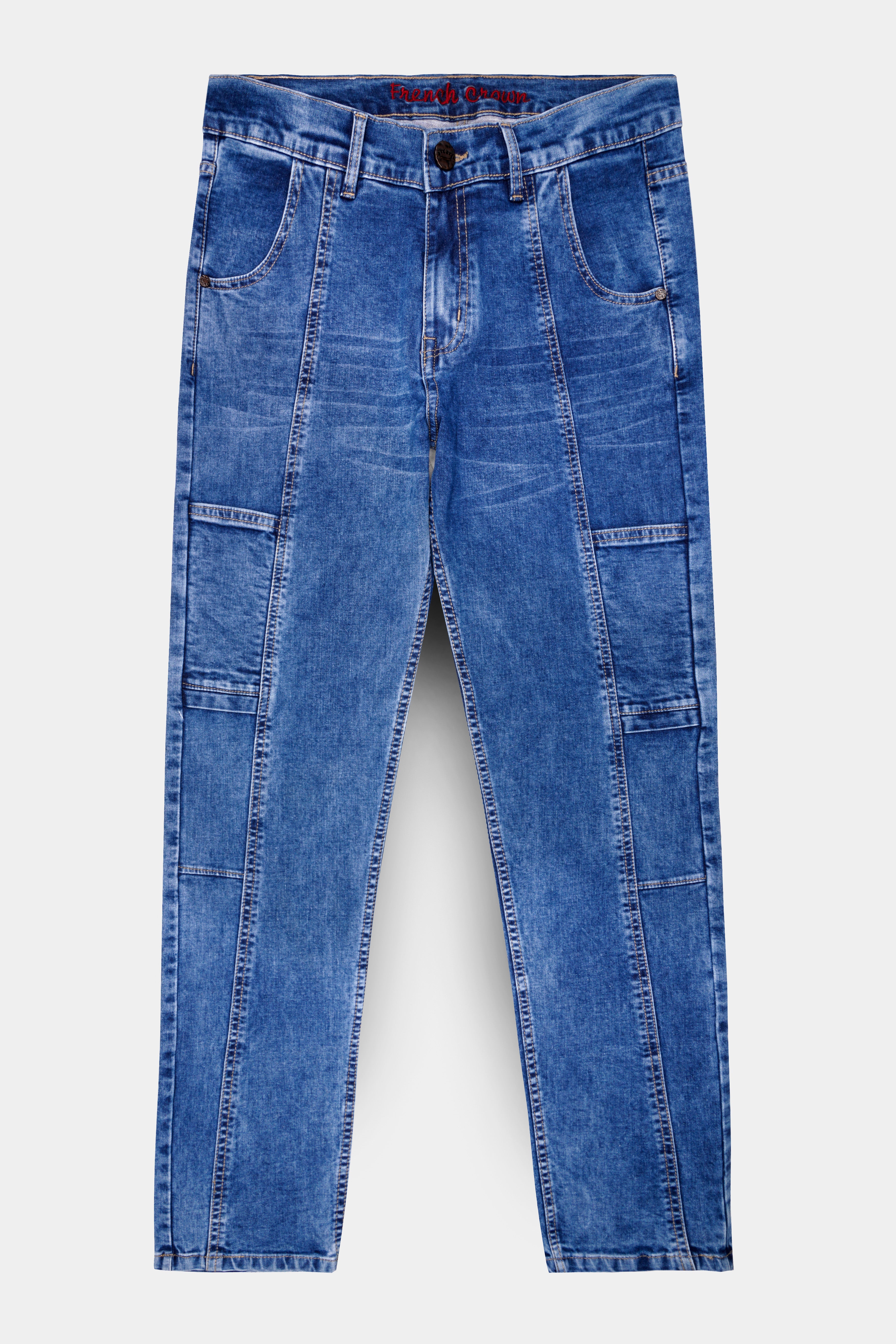 Brandeis Blue Whiskering Washed Stretchable Cargo Denim