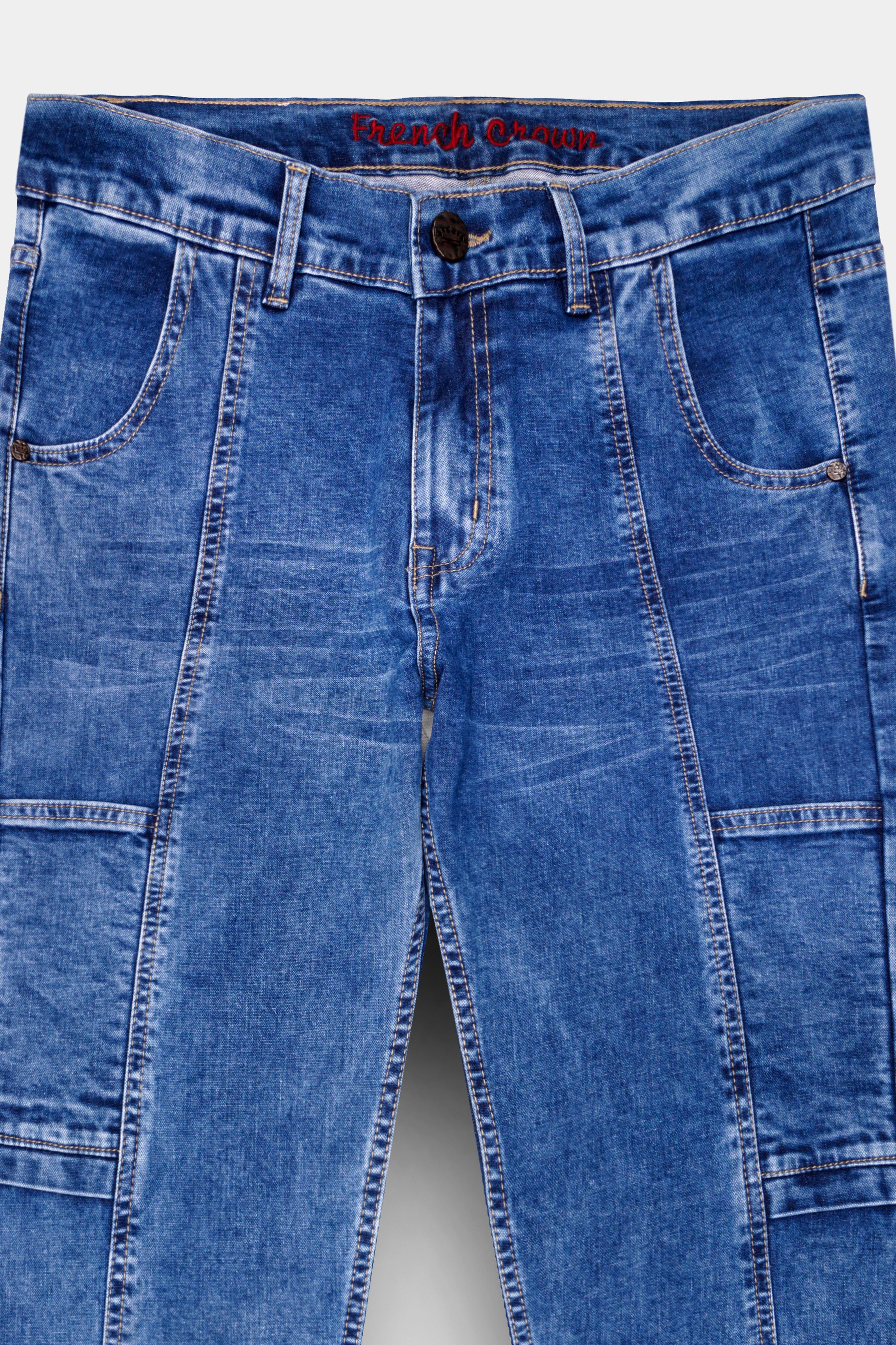 Brandeis Blue Whiskering Washed Stretchable Cargo Denim