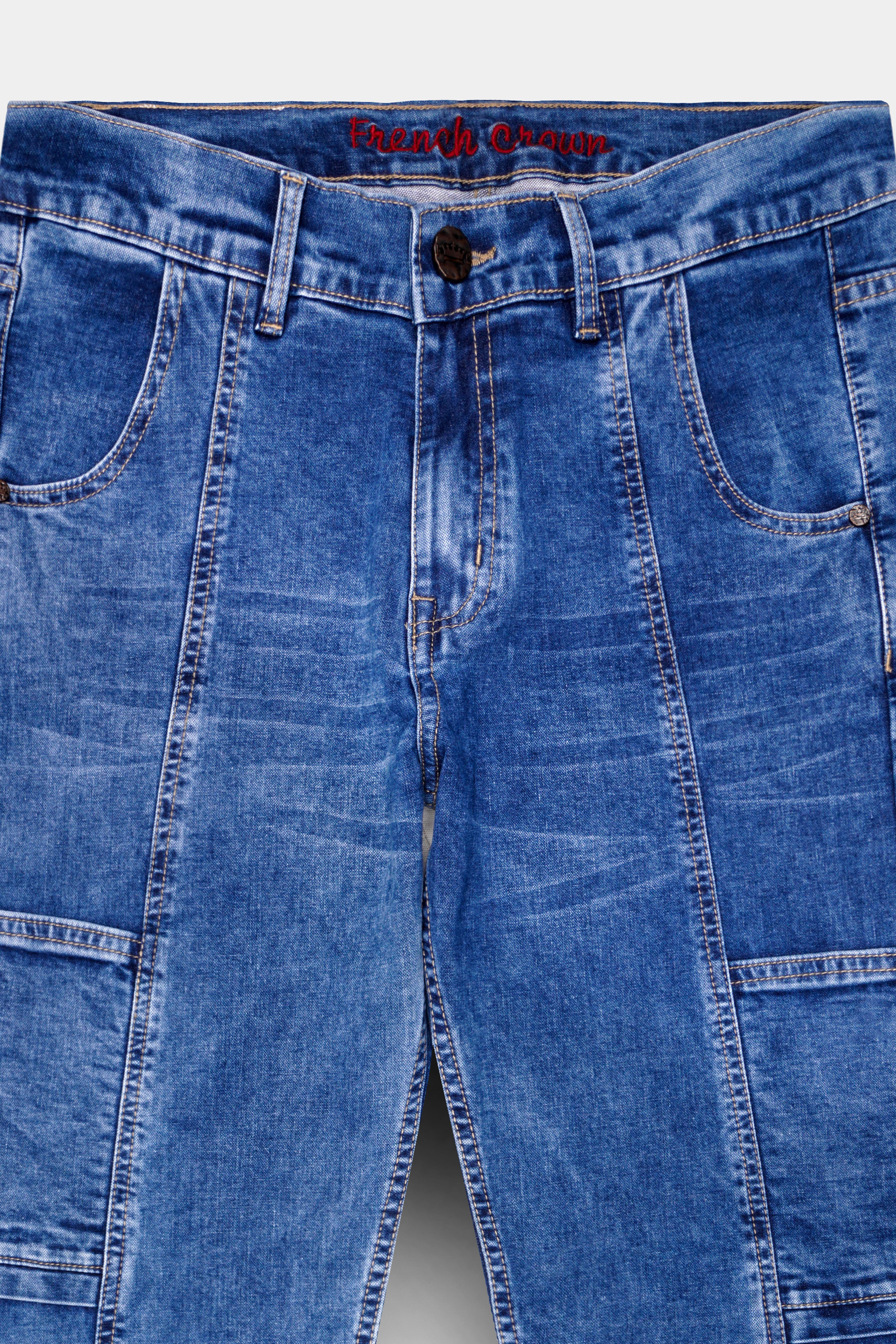 Brandeis Blue Whiskering Washed Stretchable Cargo Denim