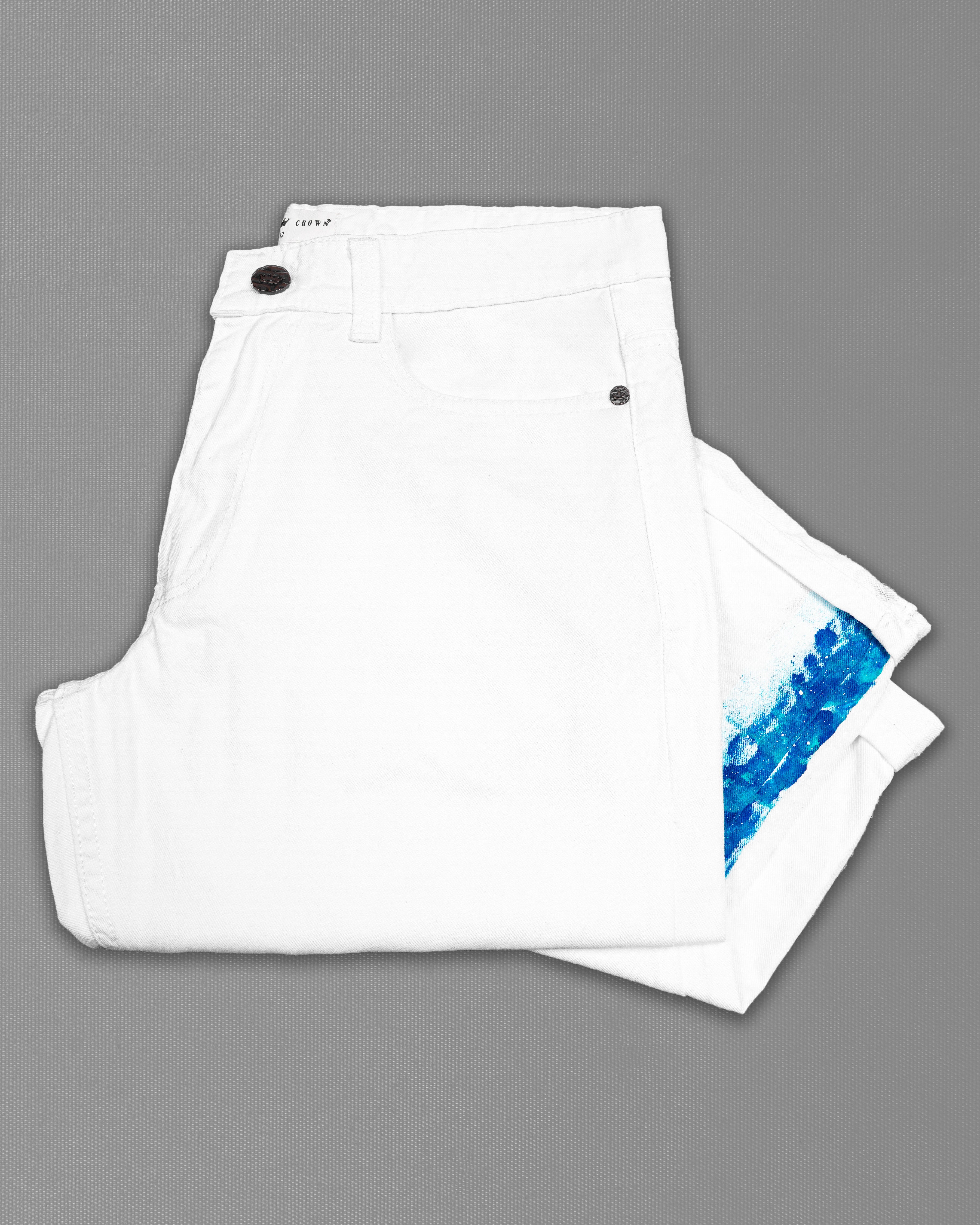 Bright White and Lochmara Blue Rinse Wash Hand Painted Denim J100-ART005-30, J100-ART005-32, J100-ART005-34, J100-ART005-36, J100-ART005-38, J100-ART005-40