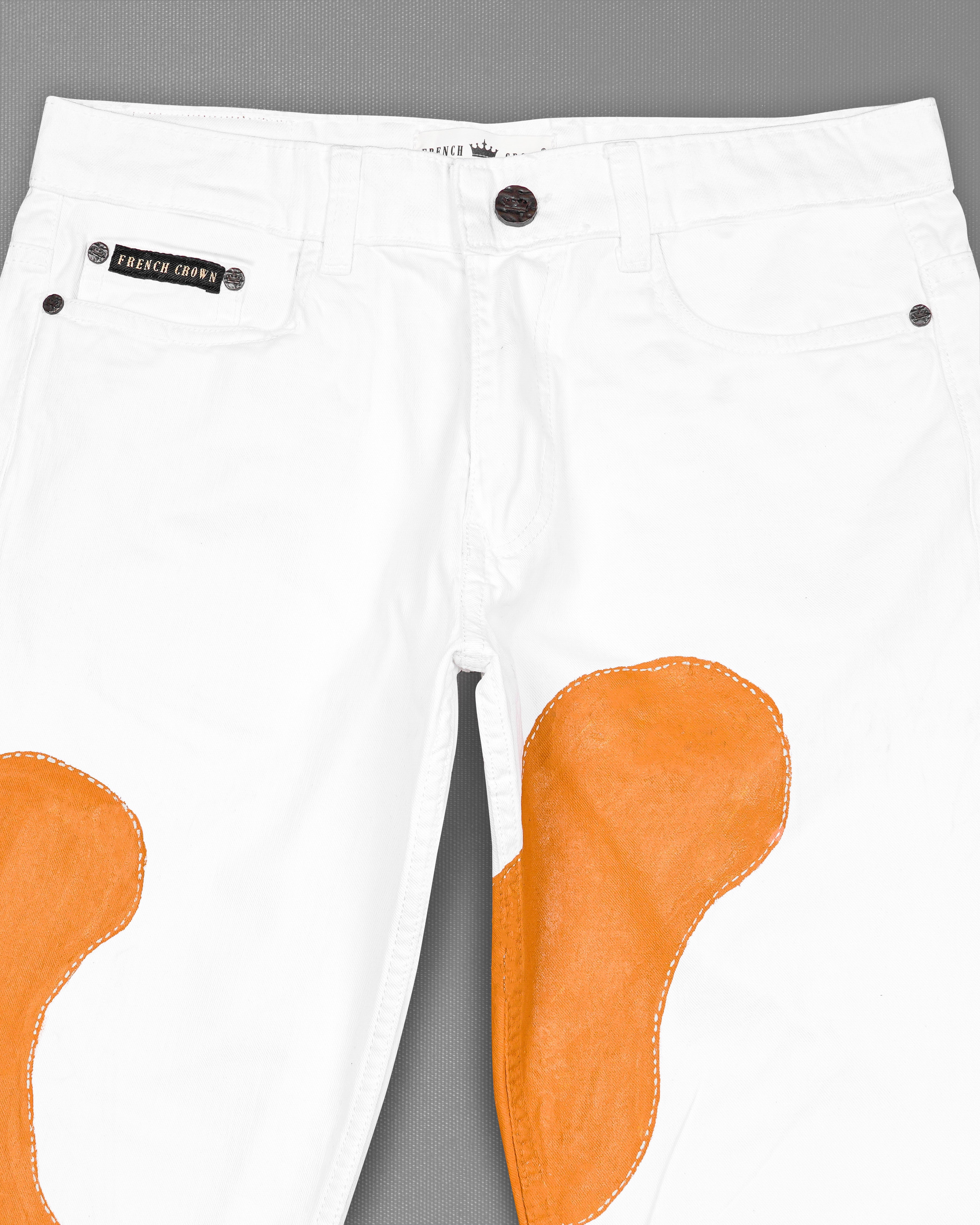 Bright White with Cadmium Orange Rinse Wash Hand Painted Denim J100-ART-30, J100-ART-32, J100-ART-34, J100-ART-36, J100-ART-38, J100-ART-40