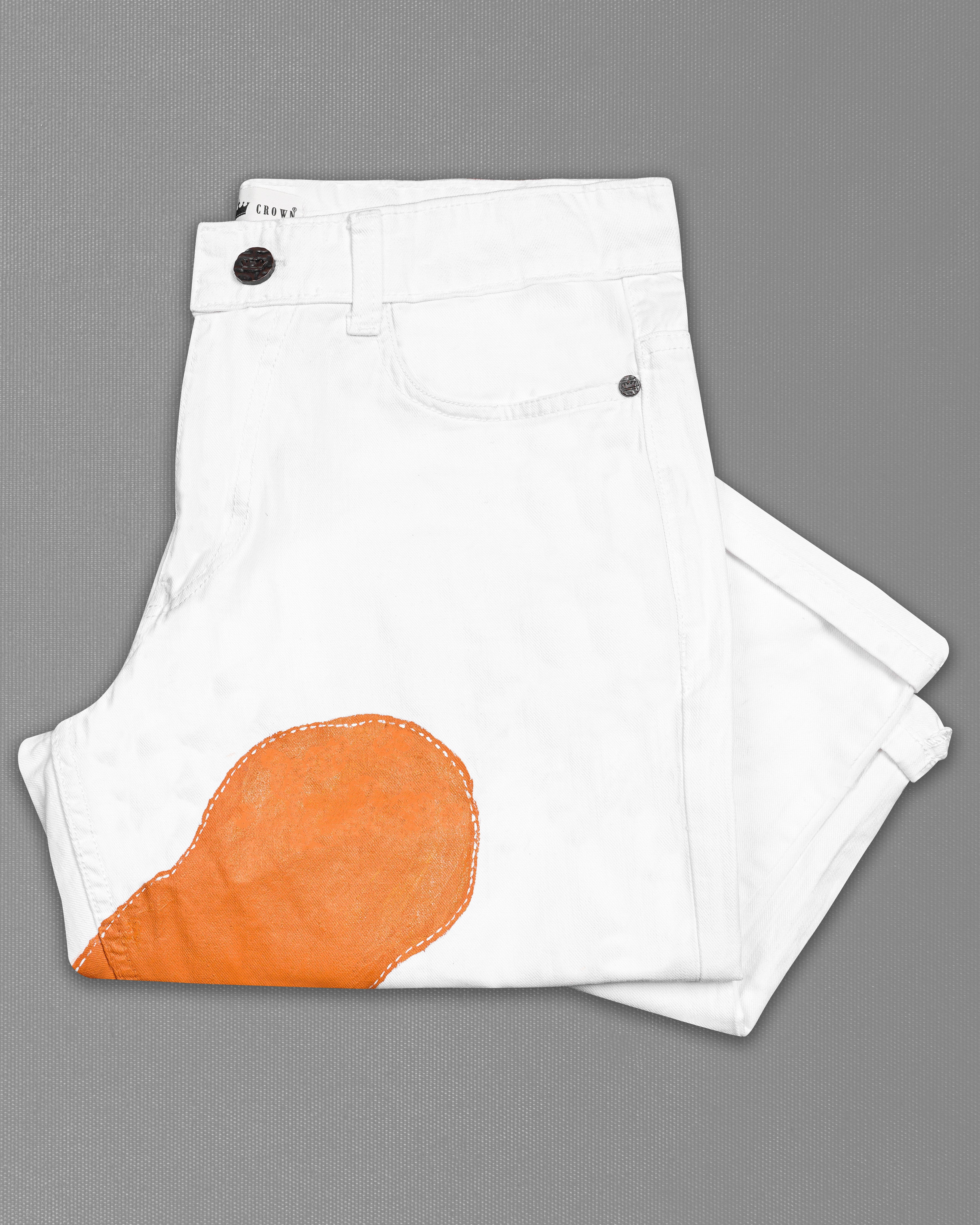 Bright White with Cadmium Orange Rinse Wash Hand Painted Denim J100-ART-30, J100-ART-32, J100-ART-34, J100-ART-36, J100-ART-38, J100-ART-40