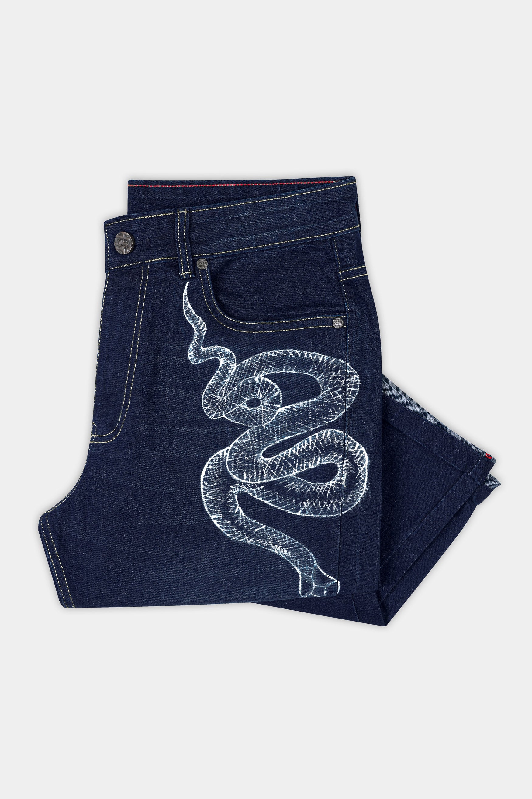 Ebony Clay Blue Whiskering Wash Snake Hand Painted Stretchable Denim