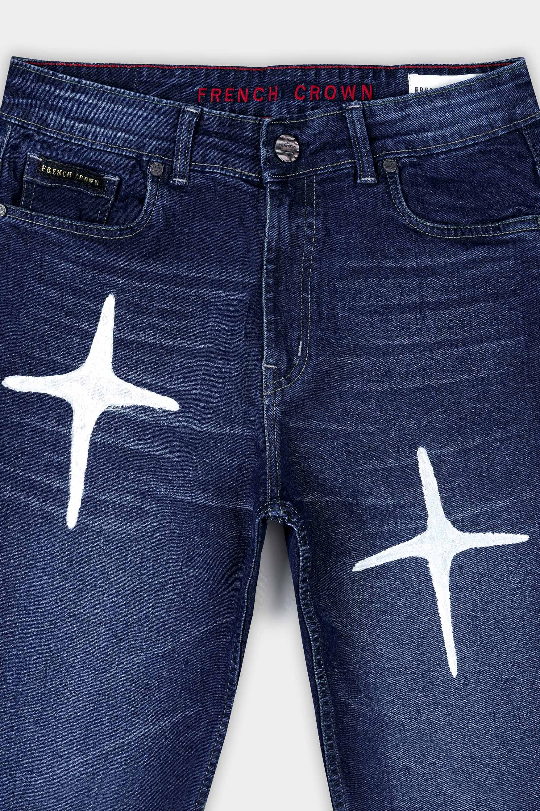 Firefly Navy Blue Stars Hand Printed Stretchable Designer Denim