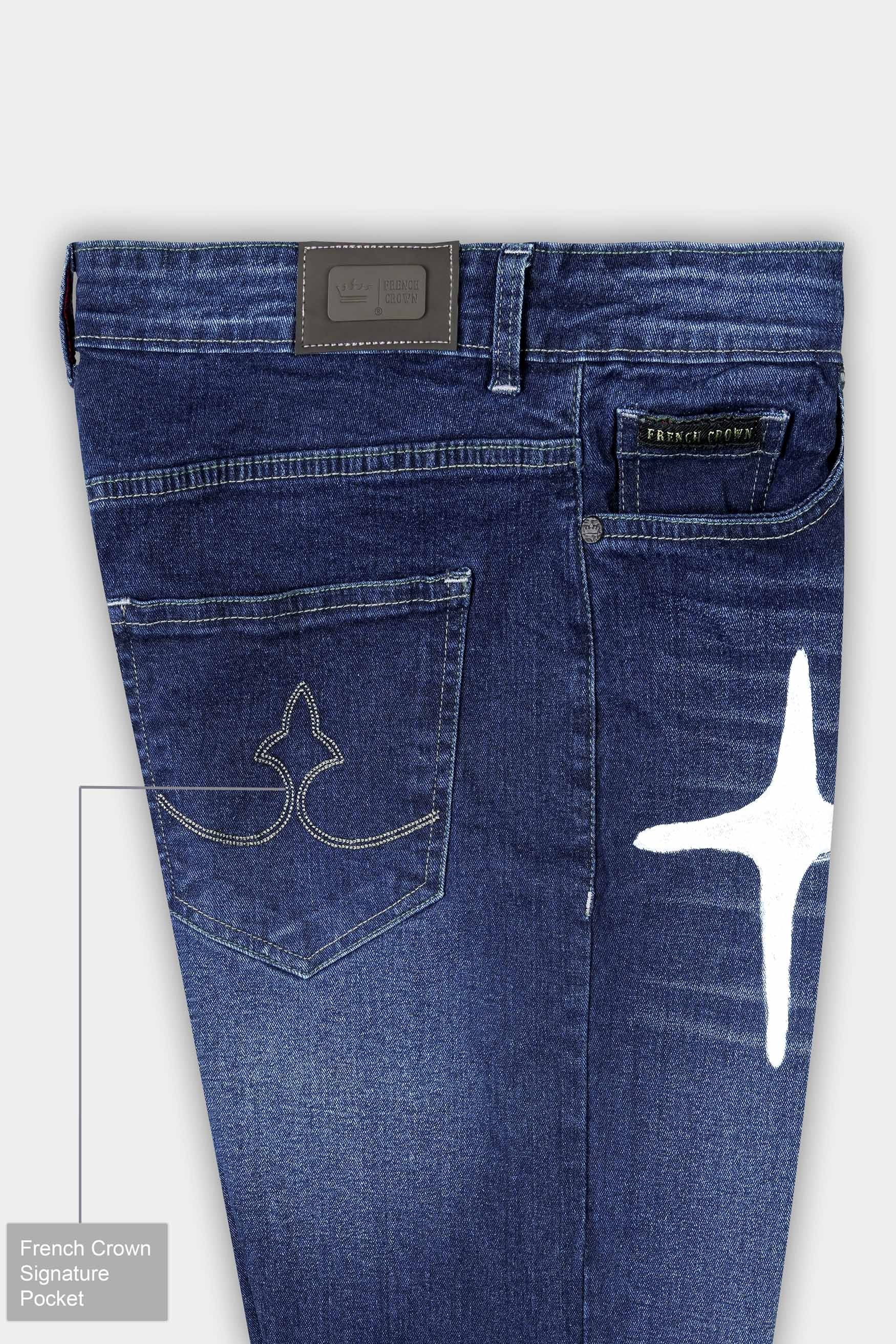 Firefly Navy Blue Stars Hand Printed Stretchable Designer Denim